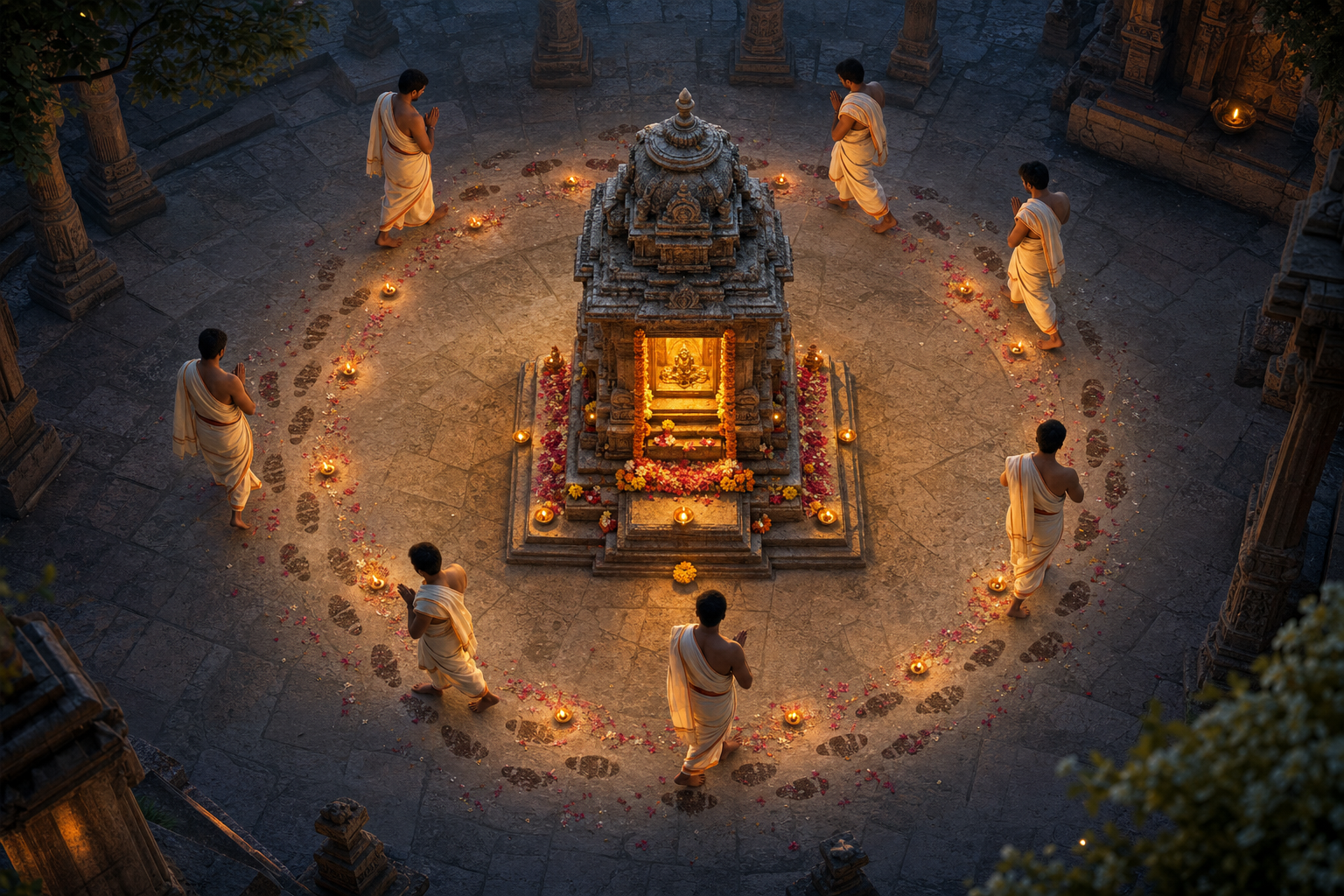 A devotee walks clockwise around a glowing temple shrine along a circular path marked by oil lamps and flower petals.