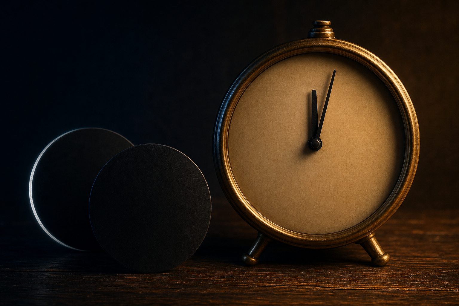 An unmarked brass clock just past midnight beside a dark lunar disc and a second disc with a fine illuminated edge.