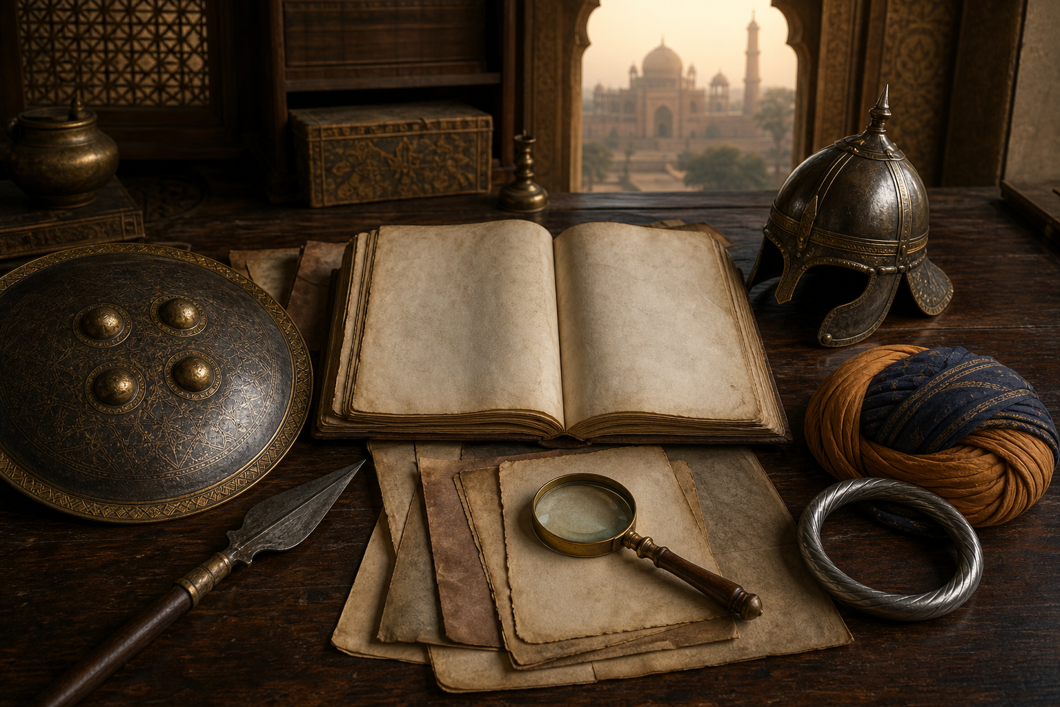 An archival reading table with an open manuscript, magnifying glass and objects representing several early modern Indian regional powers, with a distant palace visible through an arch.