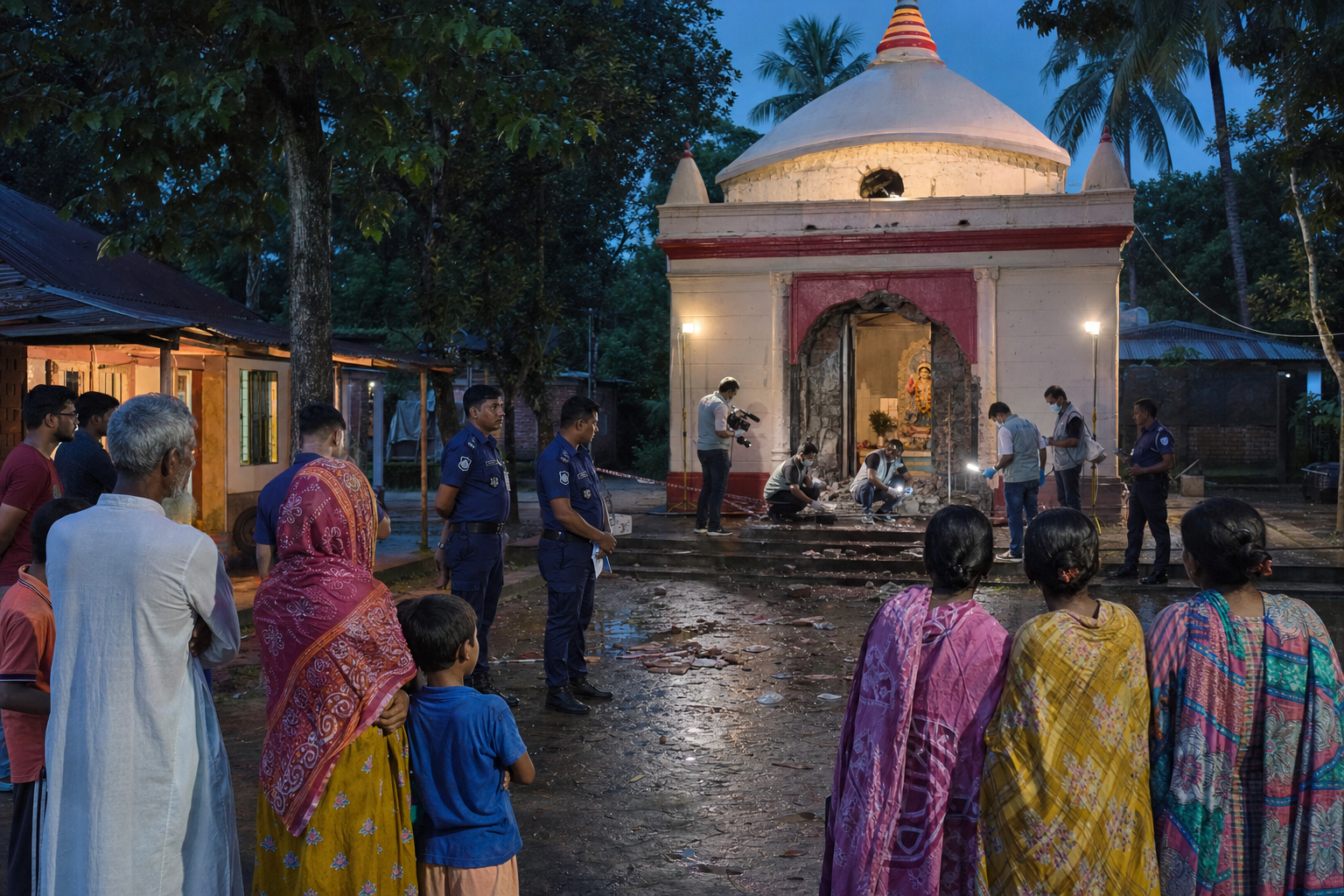 Hindu families stand in a temple courtyard in Bangladesh while police secure the area and investigators examine a damaged entrance.