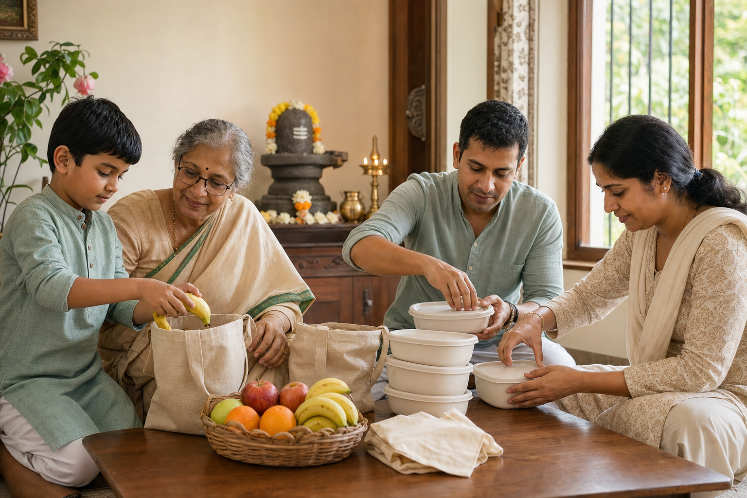 Three generations of a family prepare fruit and meal packets for others beside a softly lit home shrine.