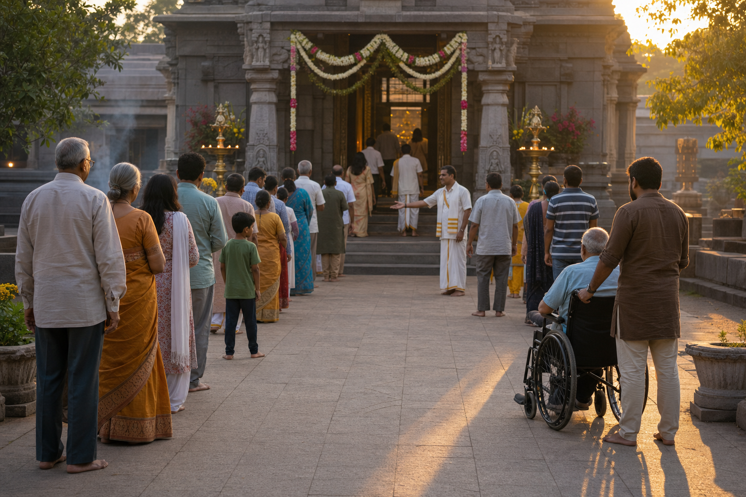 Devotees of different ages, including a wheelchair user, wait in one orderly line outside a Hindu temple at dawn as volunteers guide them toward the same entrance.