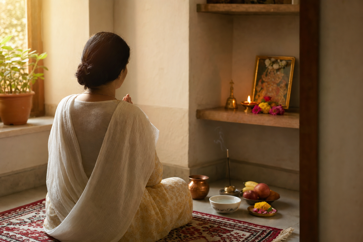 A person sits in prayer before a simple home altar arranged with an oil lamp, copper vessel, flowers, fruit, and incense at dawn.