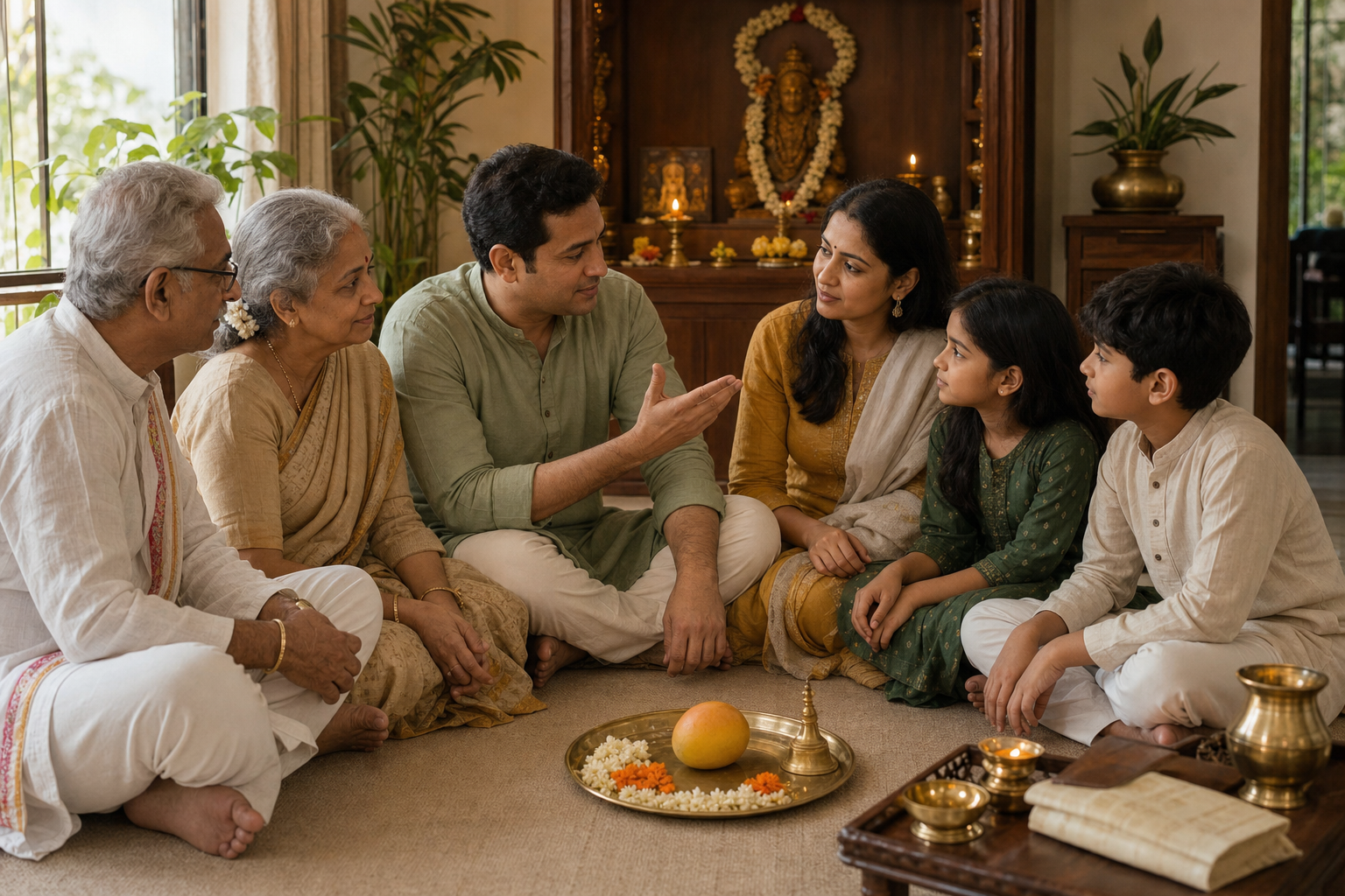 A multigenerational Indian family sits together beside a home shrine, with a ripe mango on a brass plate at the center of the gathering.