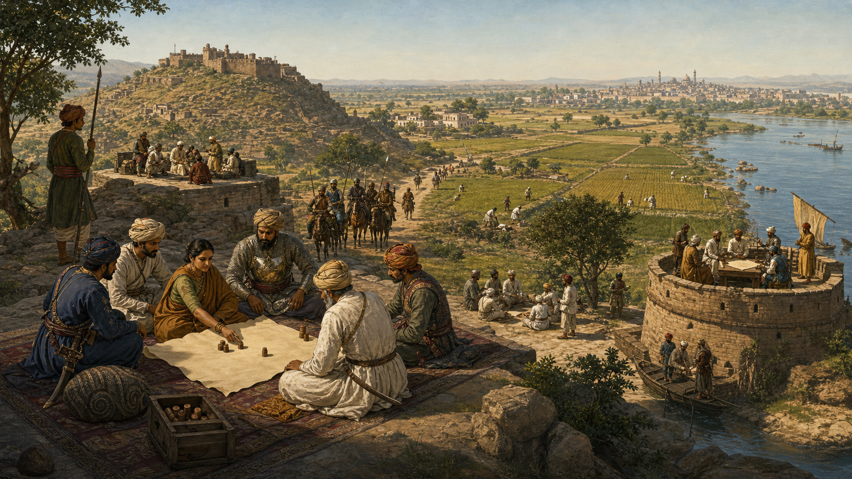 Regional leaders and community representatives plan around a table while forts, cavalry, farms and a distant imperial city show several centers of political activity.