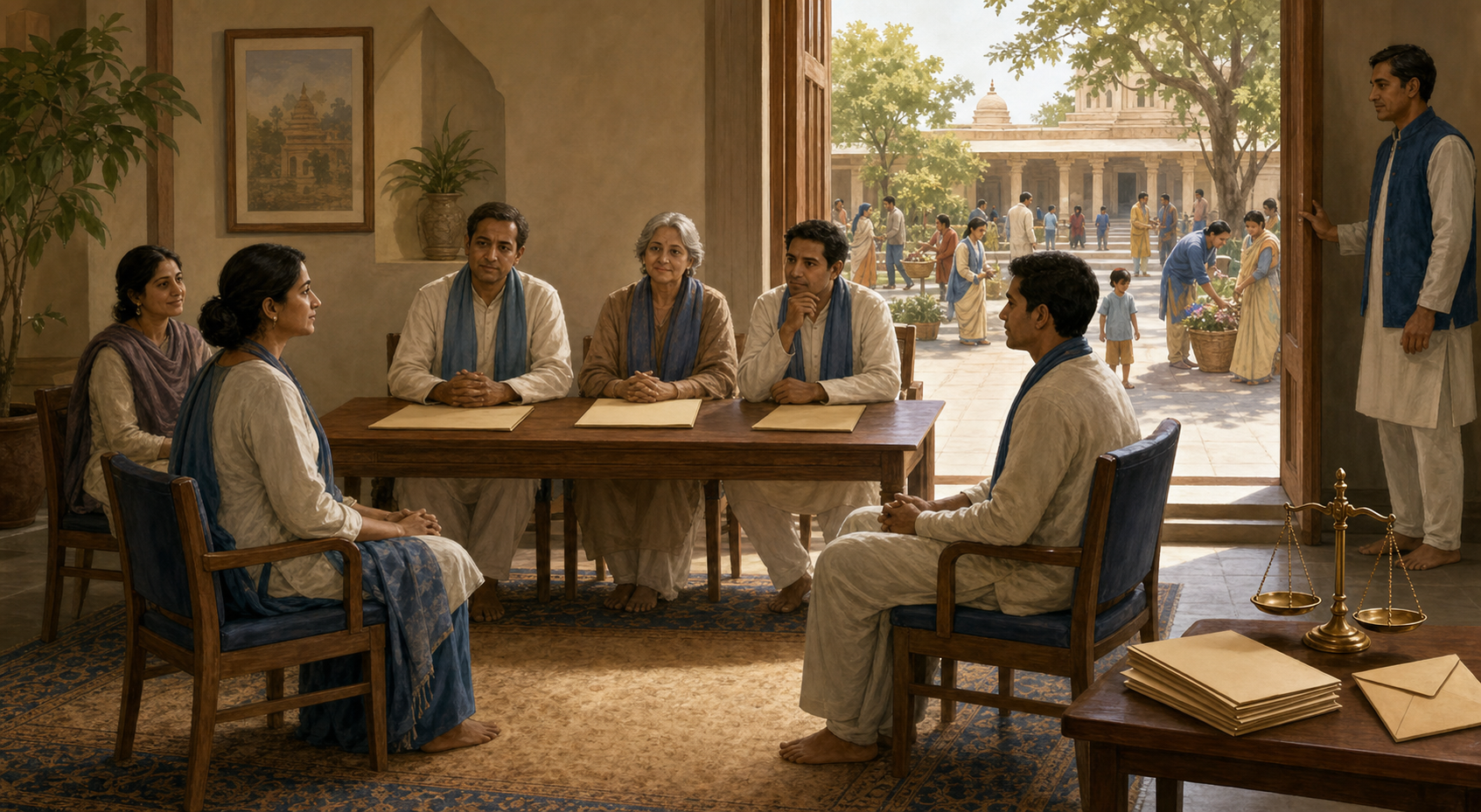 Two community members take part in a supported mediation before a neutral review panel beside an open temple courtyard.