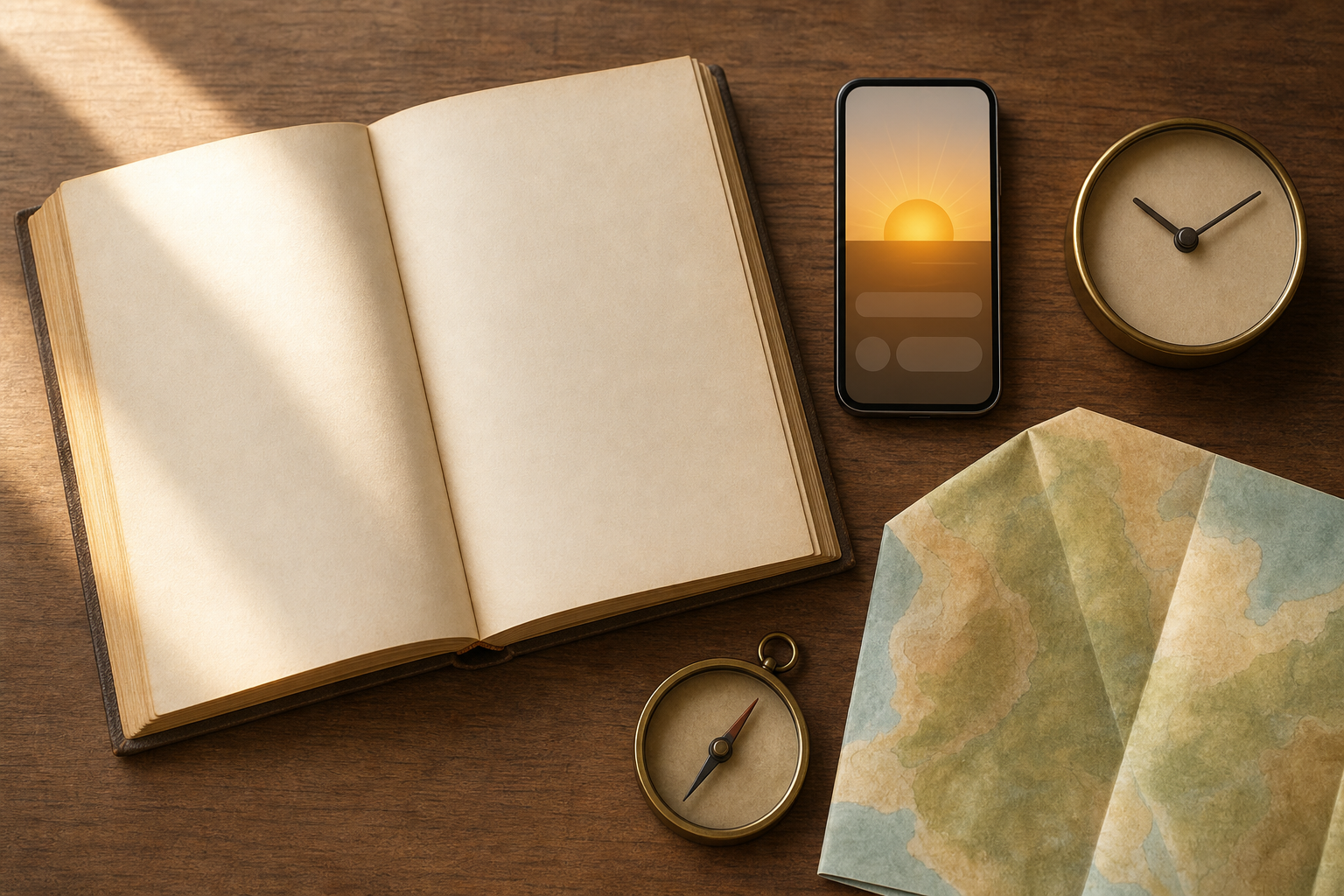 An open blank almanac lies beside a phone with a sunrise symbol, an unmarked clock, a compass, and an unlabeled map.