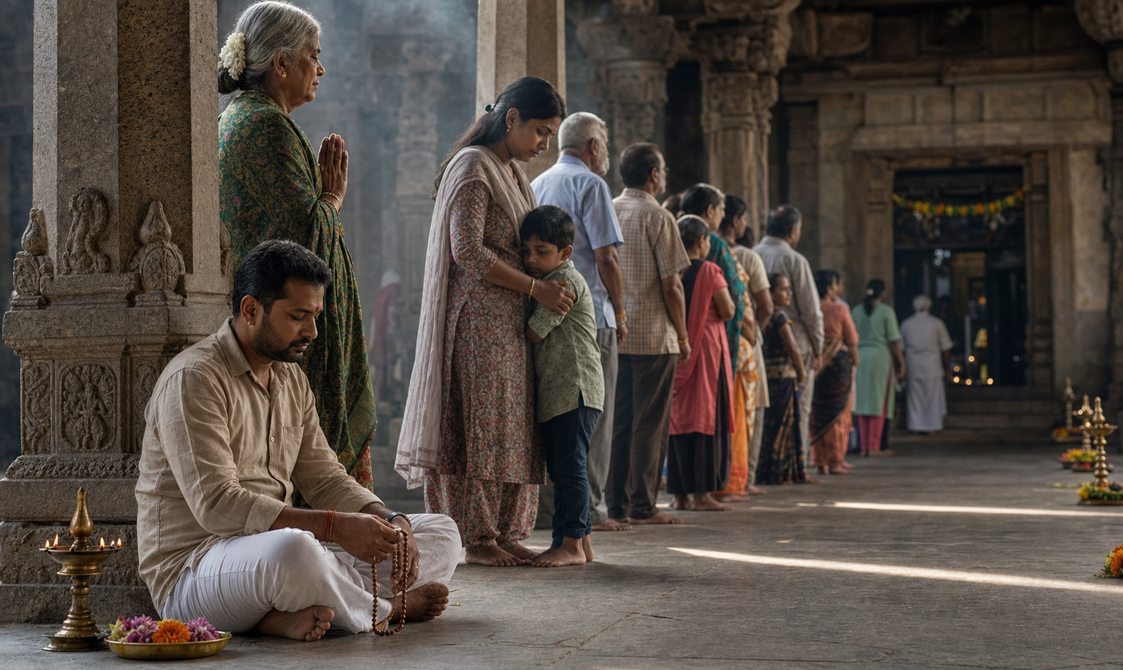 Pilgrims wait quietly in a shaded temple colonnade while one devotee uses prayer beads and others stand with folded hands.
