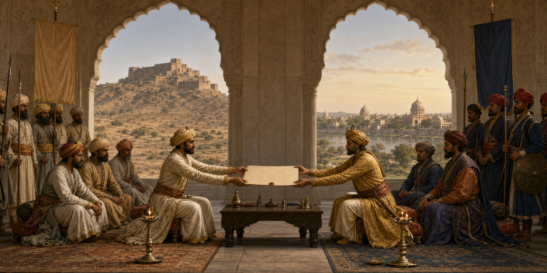 Envoys from two distinct courts exchange a sealed treaty in a pavilion while separate landscapes and attendants remain visible behind them.