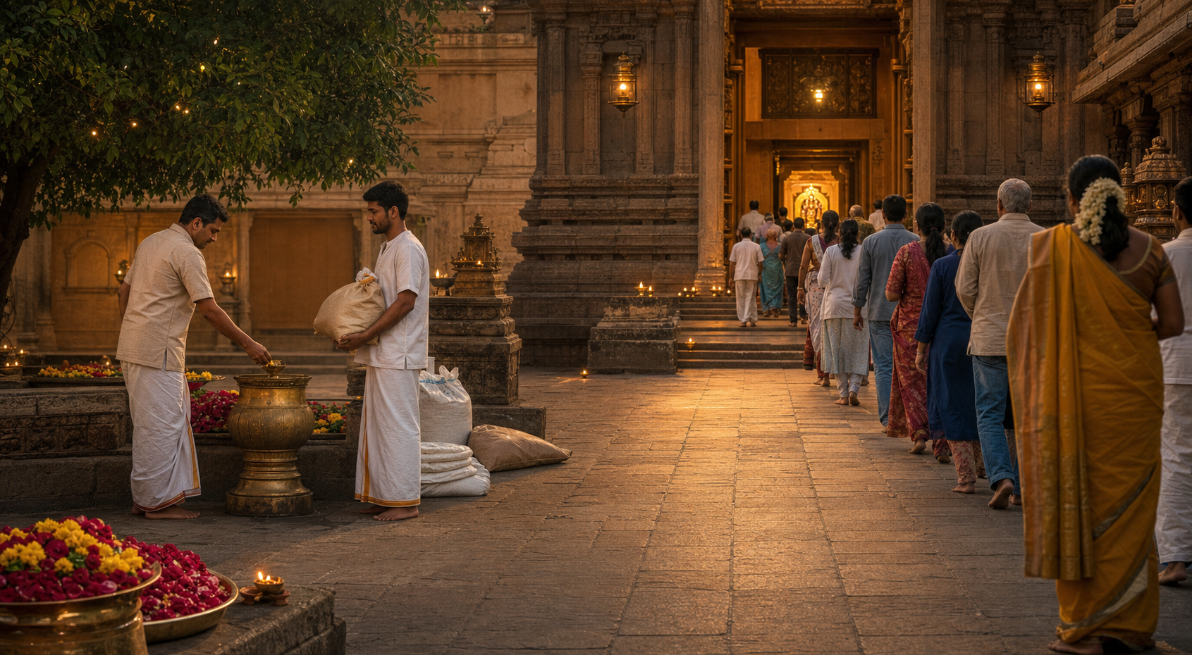 A devotee makes an offering at a temple donation area while other visitors continue through one shared line toward the inner entrance.