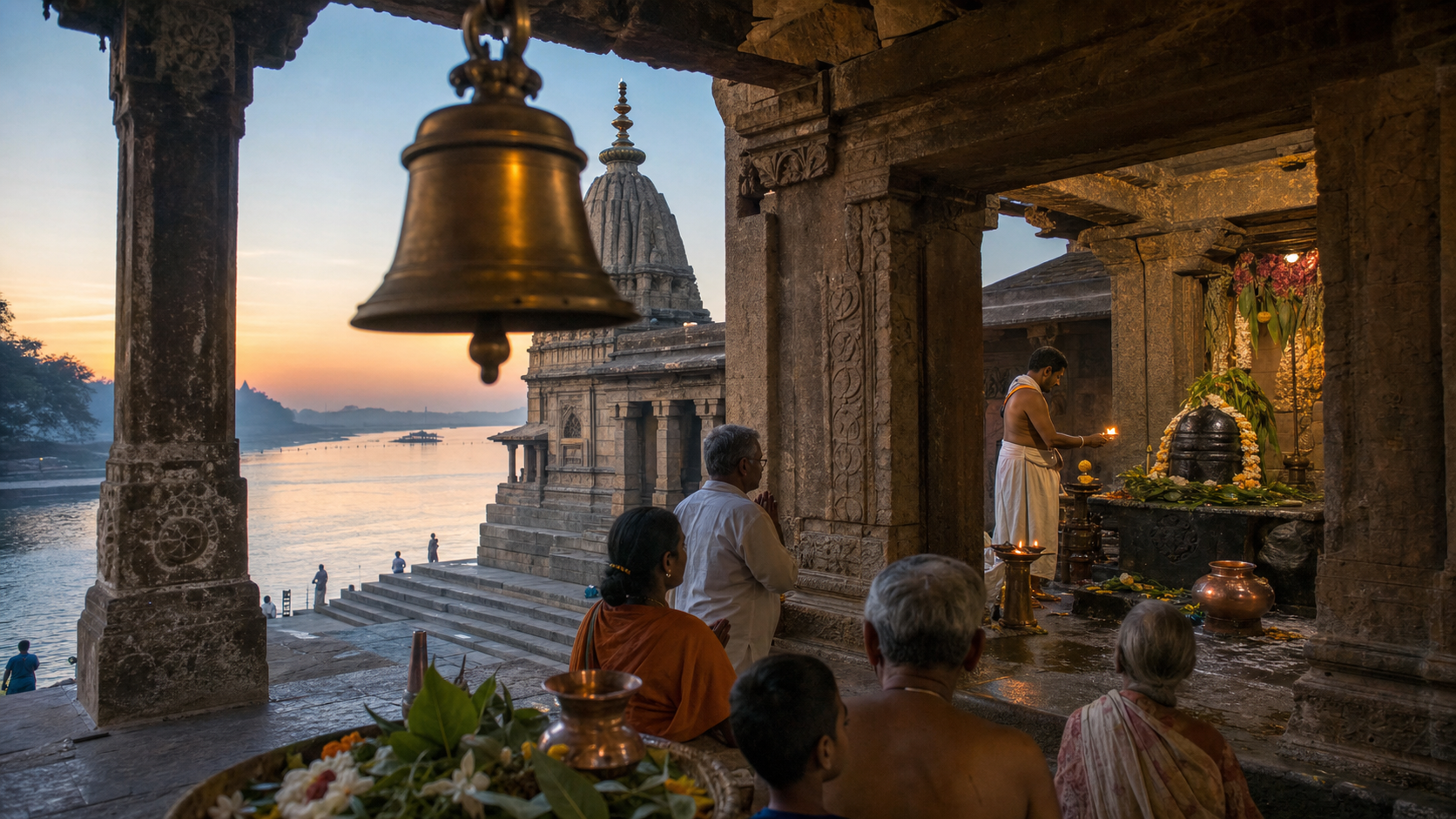 Worshippers gather near a stone shrine as a priest tends an oil lamp inside a riverside temple at dawn, with a bell, offerings and river steps visible.