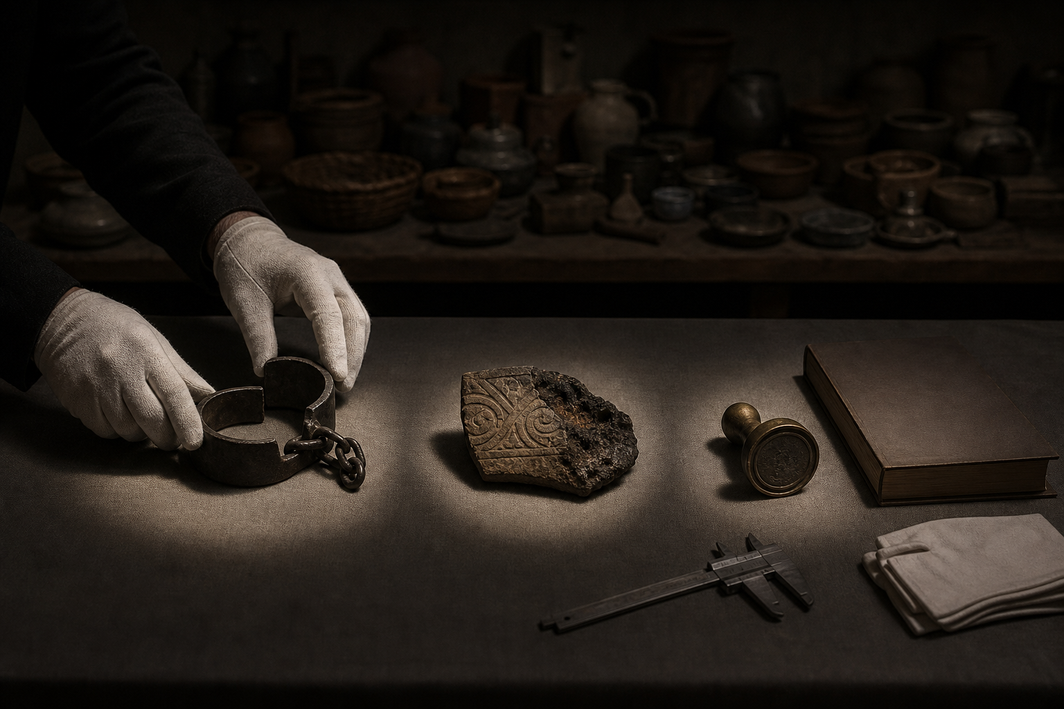 Gloved hands document a broken shackle, a scorched stone fragment and an official seal on an archive table under separate pools of light.