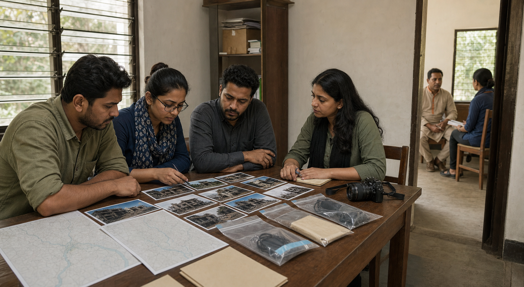 Human-rights researchers review photographs and physical evidence while an investigator interviews a Hindu community representative.