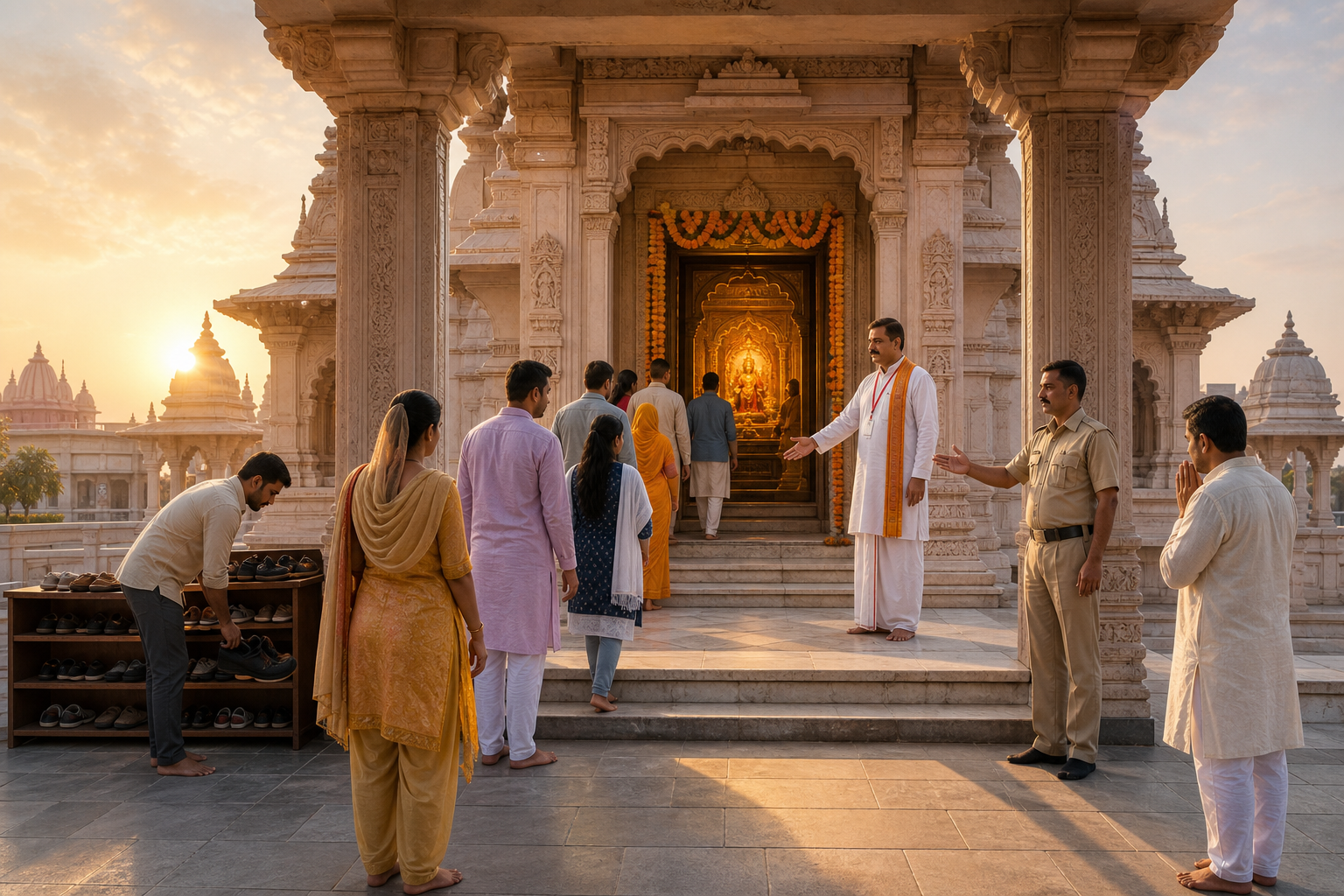 Visitors calmly follow guidance from a temple attendant and security steward at the stone entrance of a North Indian Hindu temple at sunrise.