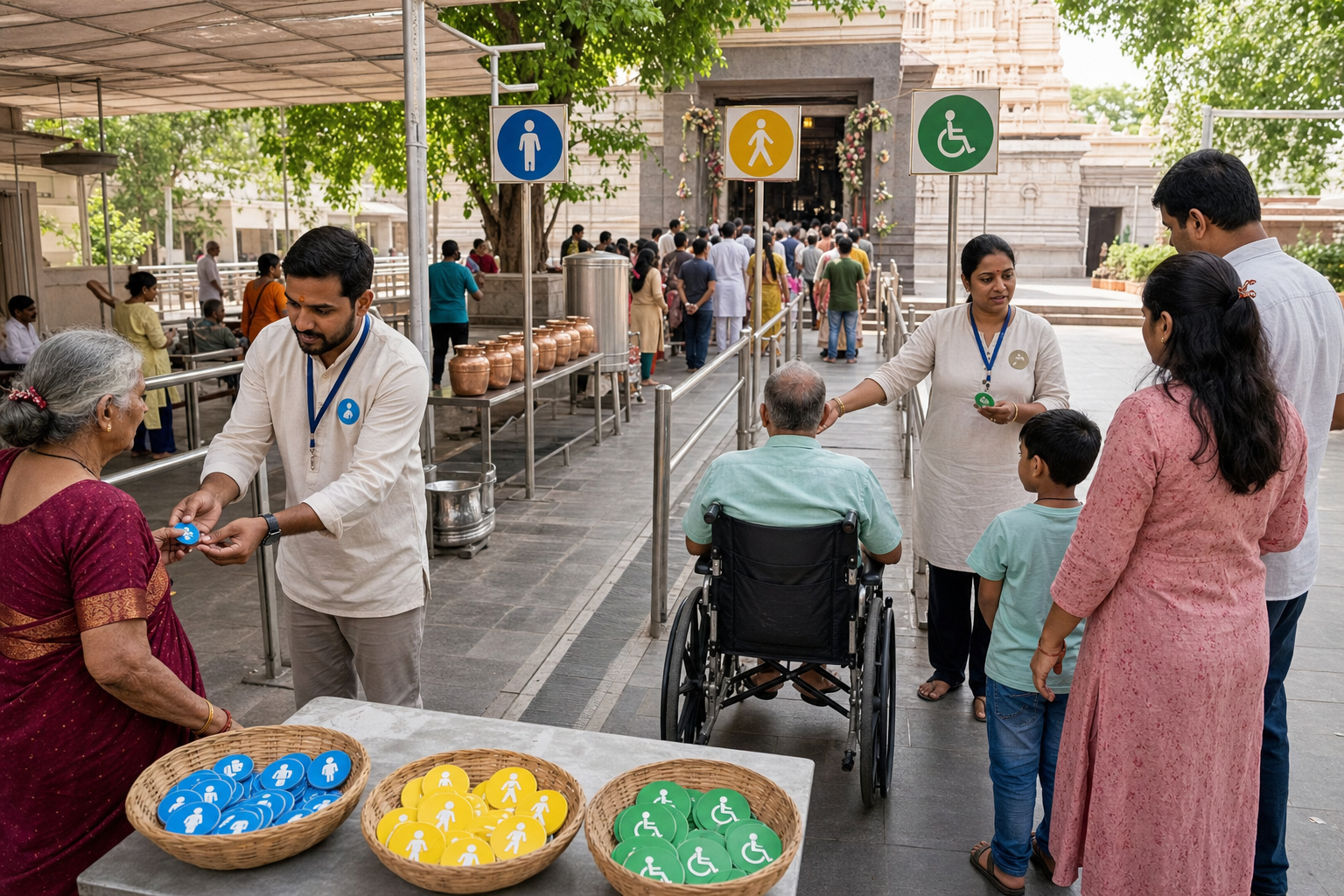 Temple volunteers use color-coded tokens to manage entry while assisting an older visitor and guiding an accessible lane into the shared checkpoint.