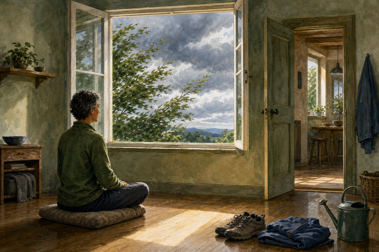 An adult meditates upright beside an open window, with walking shoes, a jacket, and a watering can nearby as wind moves the trees outside.