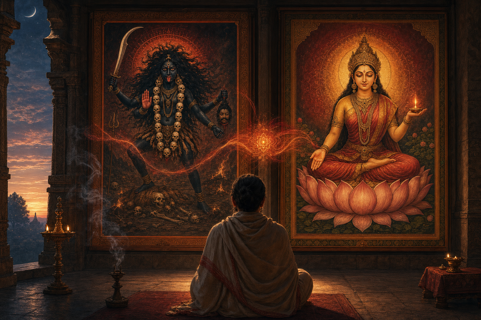 A viewer in a stone gallery studies two goddess paintings, one fierce with a sword and protective gesture and one seated in meditation on a lotus.