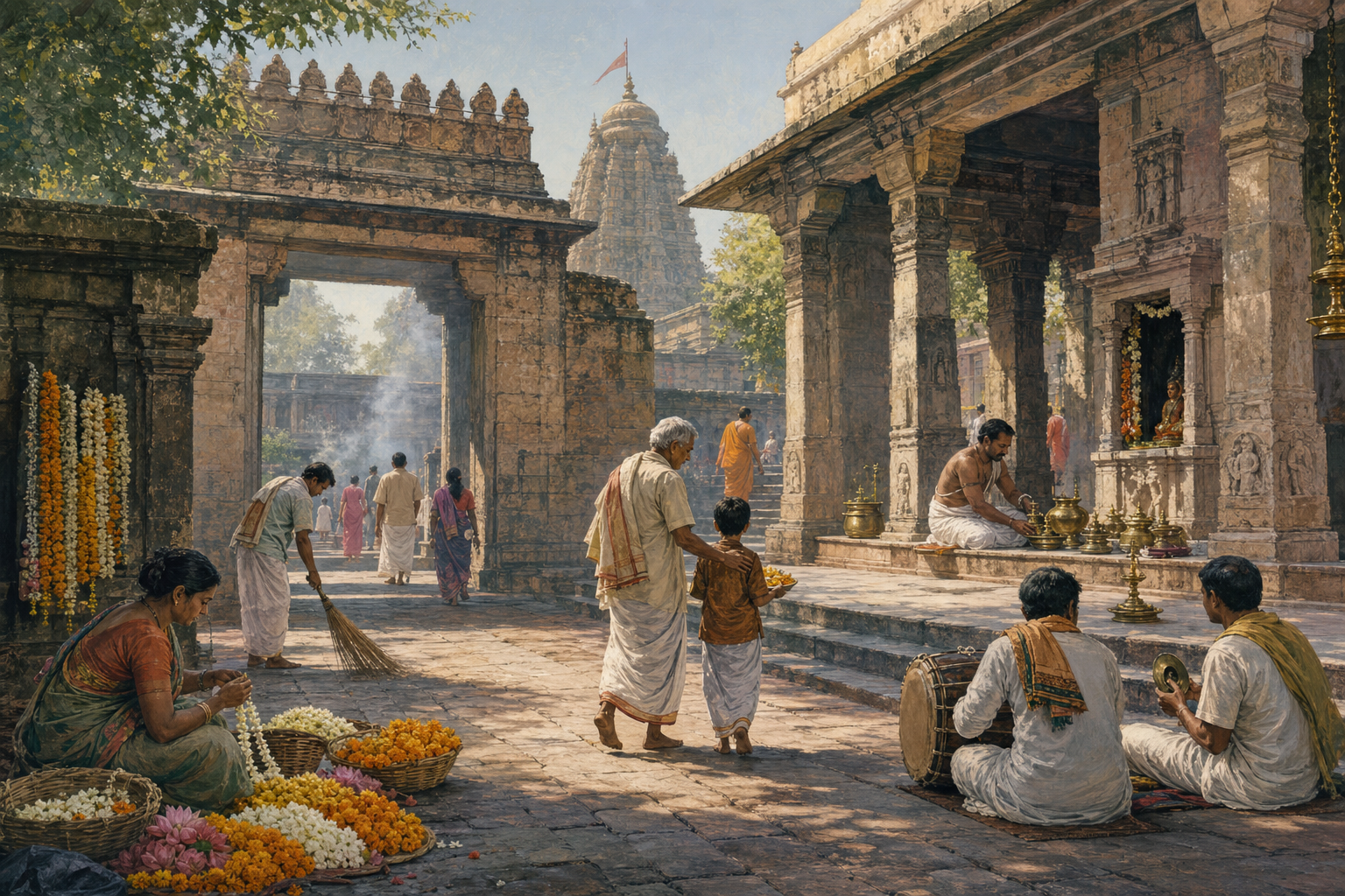 People prepare flowers, clean the courtyard, ready ritual vessels and approach the sanctuary in an active temple complex.