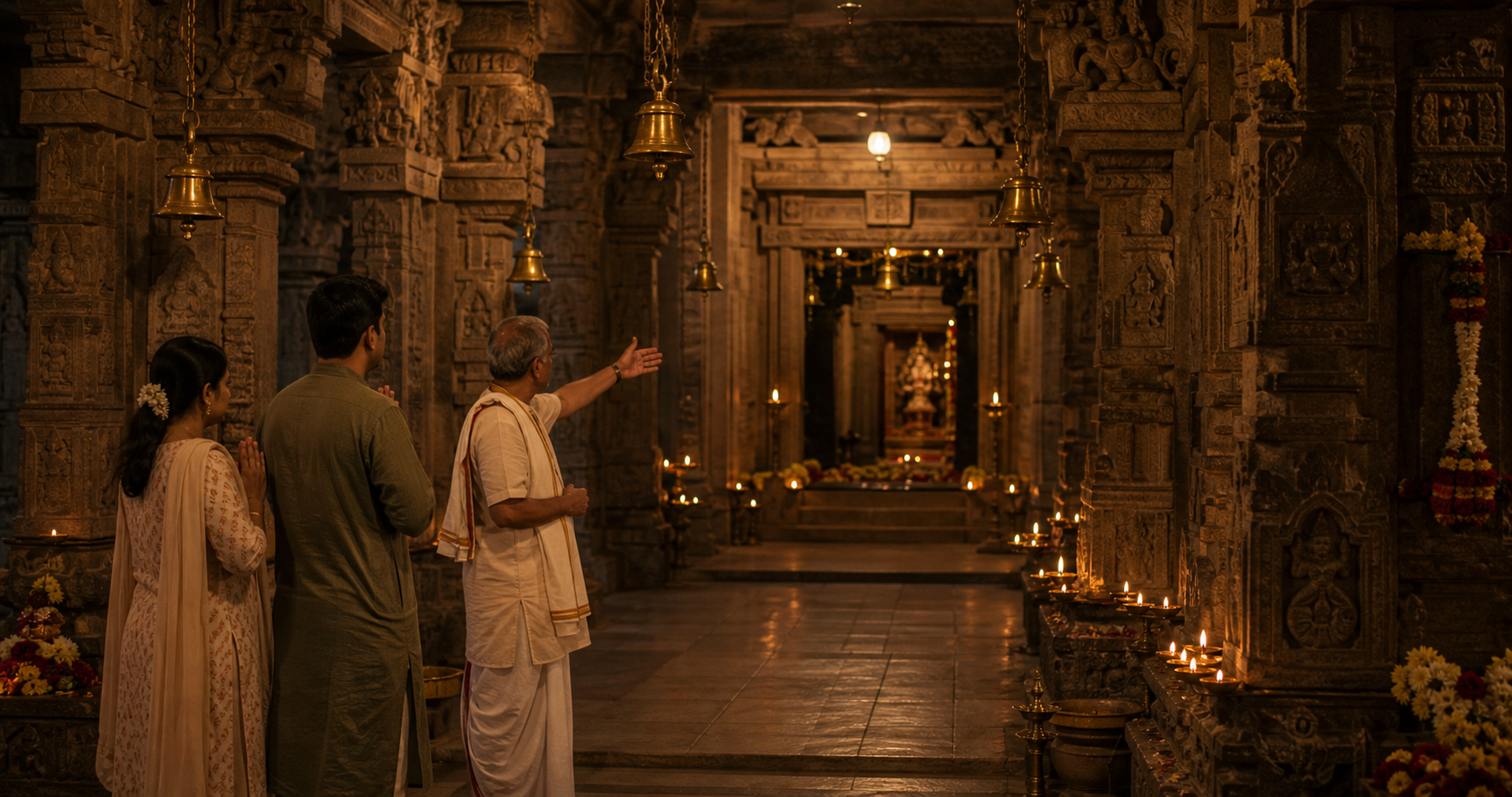 Two visitors pause beside a temple guide at the threshold of a lamp-lit mandir hall with carved pillars and flower offerings.