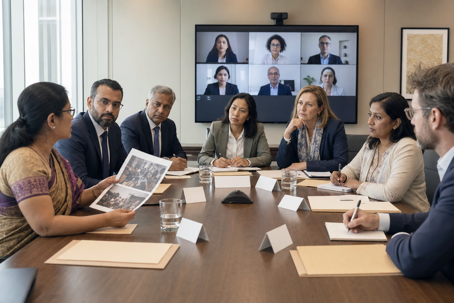 Diaspora advocates, civil-society representatives, diplomats, and human-rights specialists discuss evidence at a formal roundtable.