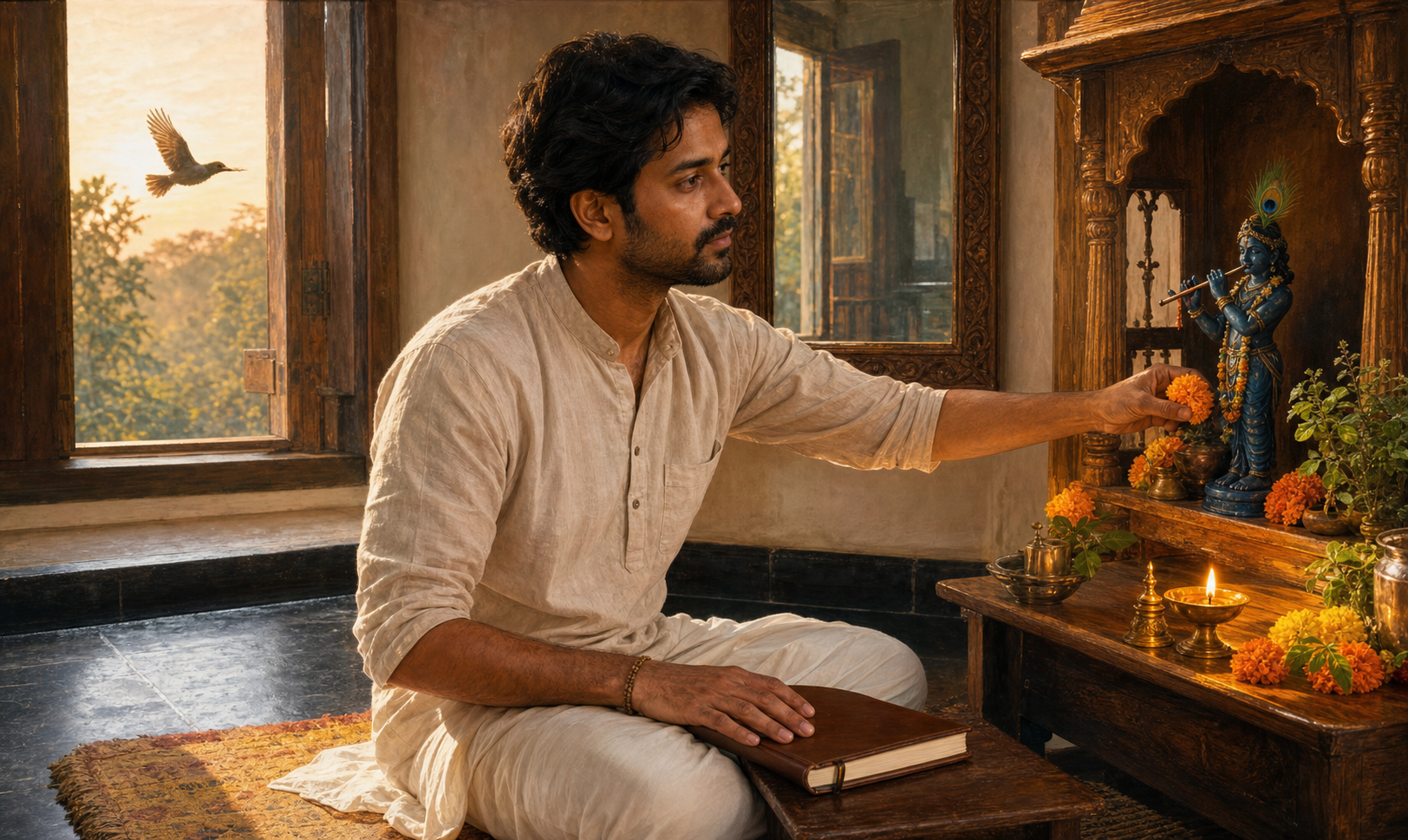 A devotee sits thoughtfully before a small Krishna shrine at dawn, surrounded by a mirror, an open window, a stone threshold, a journal, flowers, and an oil lamp.