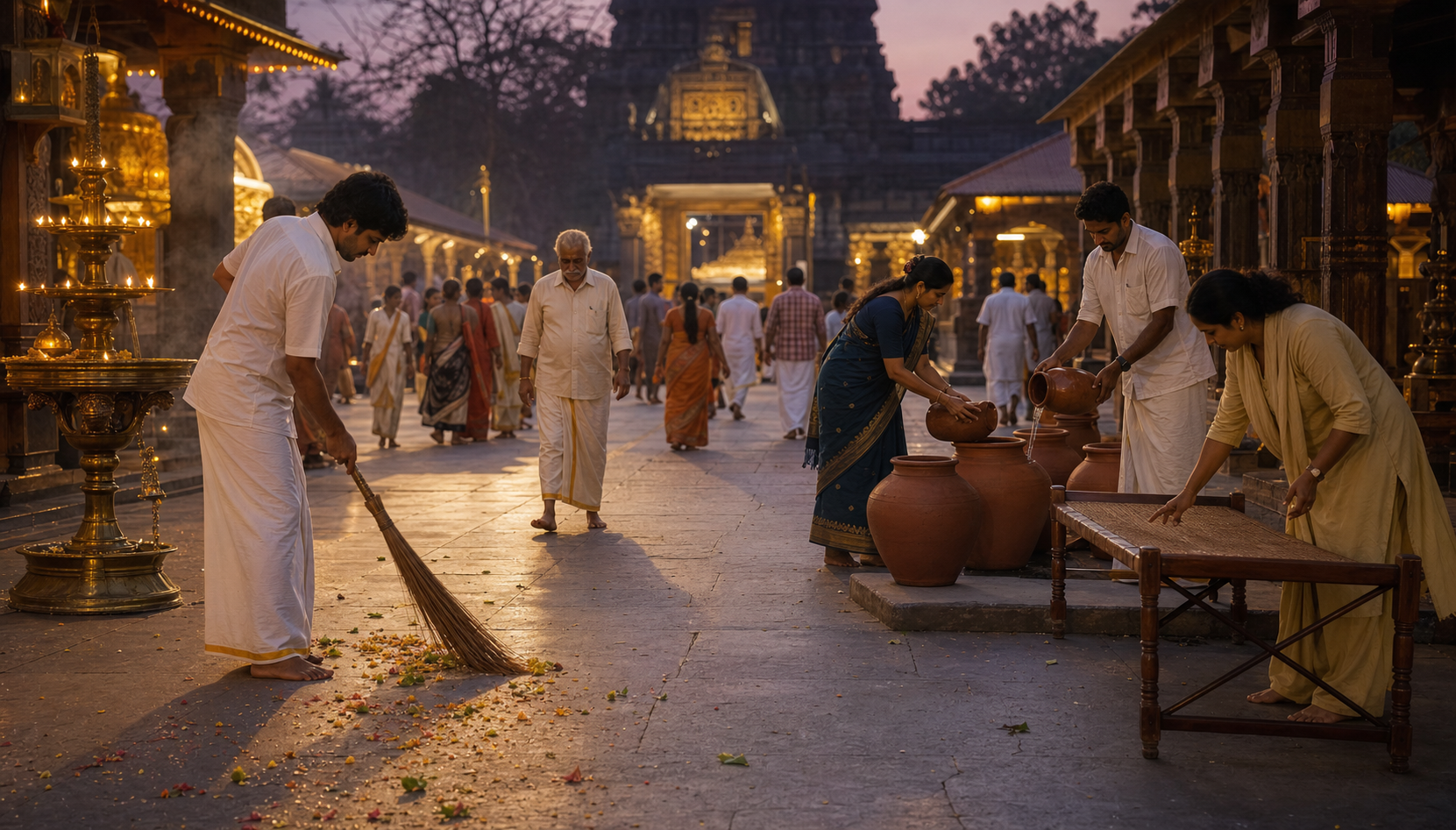 Devotees and volunteers sweep the courtyard, refill drinking water, arrange seating, and keep a temple walkway clear at twilight.