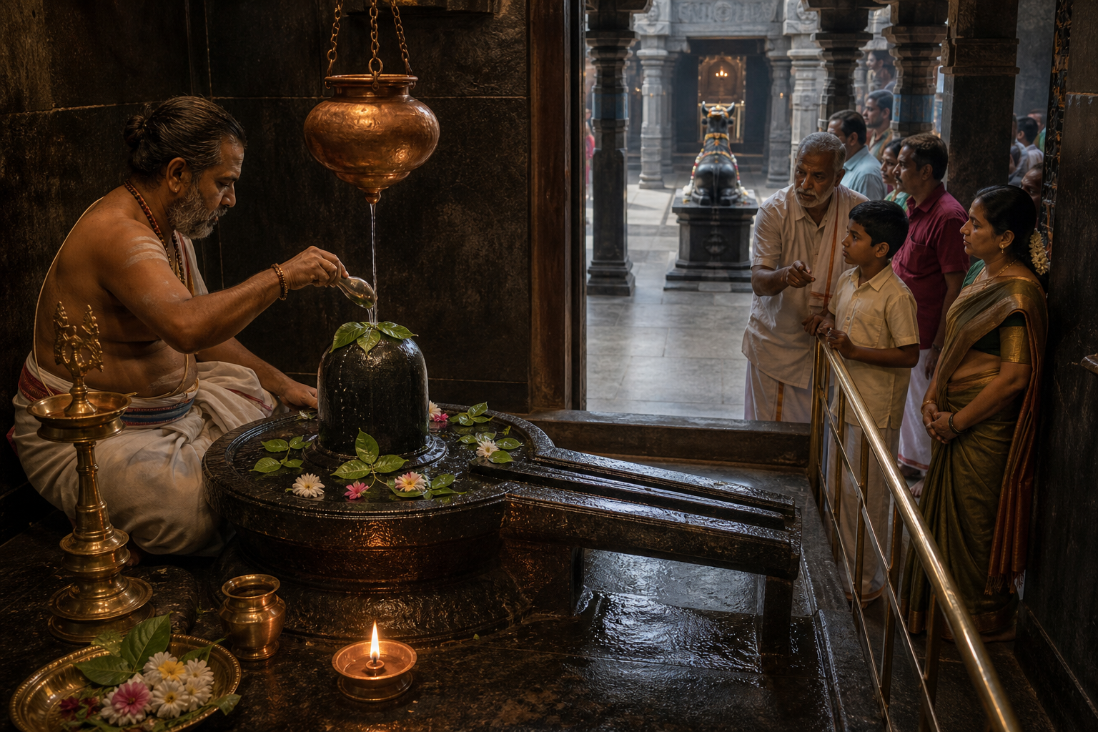 A linga with bilva leaves receives water from a suspended copper vessel while Nandi, a priest and waiting devotees align across the shrine threshold.