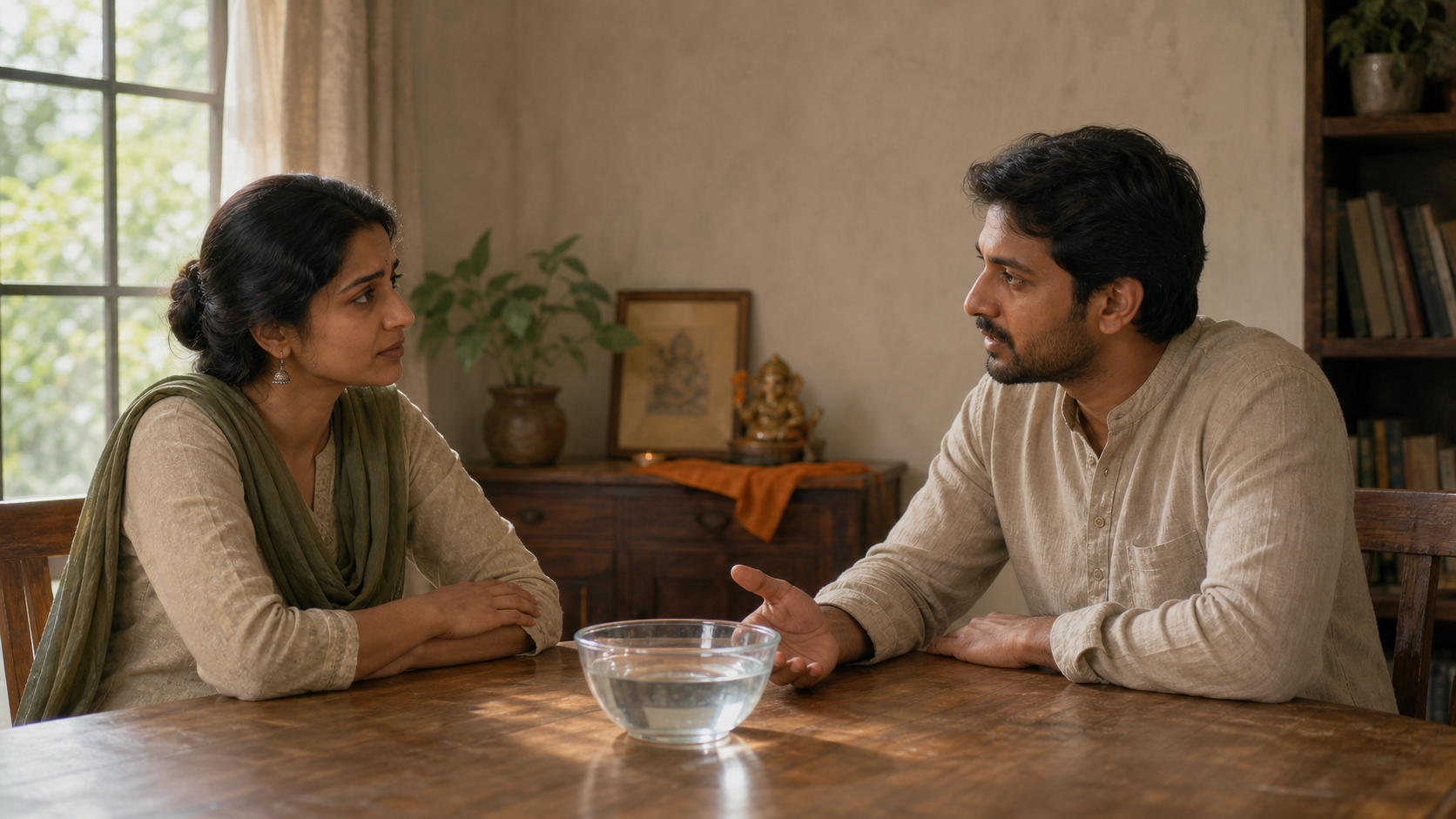 Two adults have a serious, calm conversation across a wooden table, with a clear bowl of water between them in soft window light.
