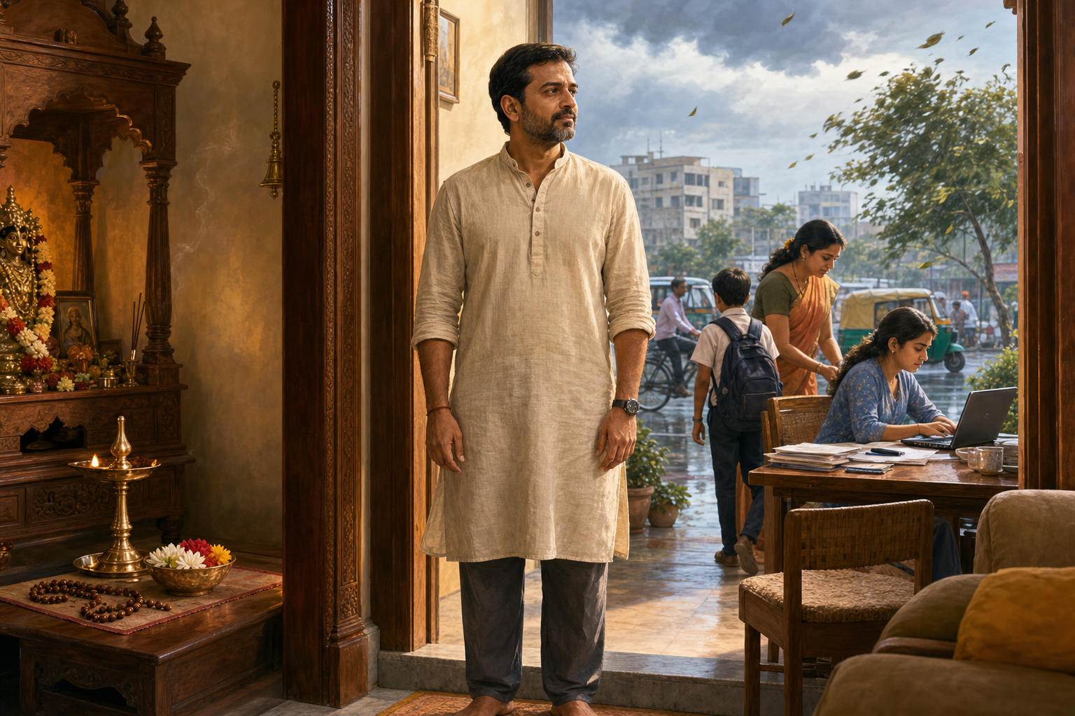 An Indian householder stands calmly between a small home puja space and the activity of family and city life.