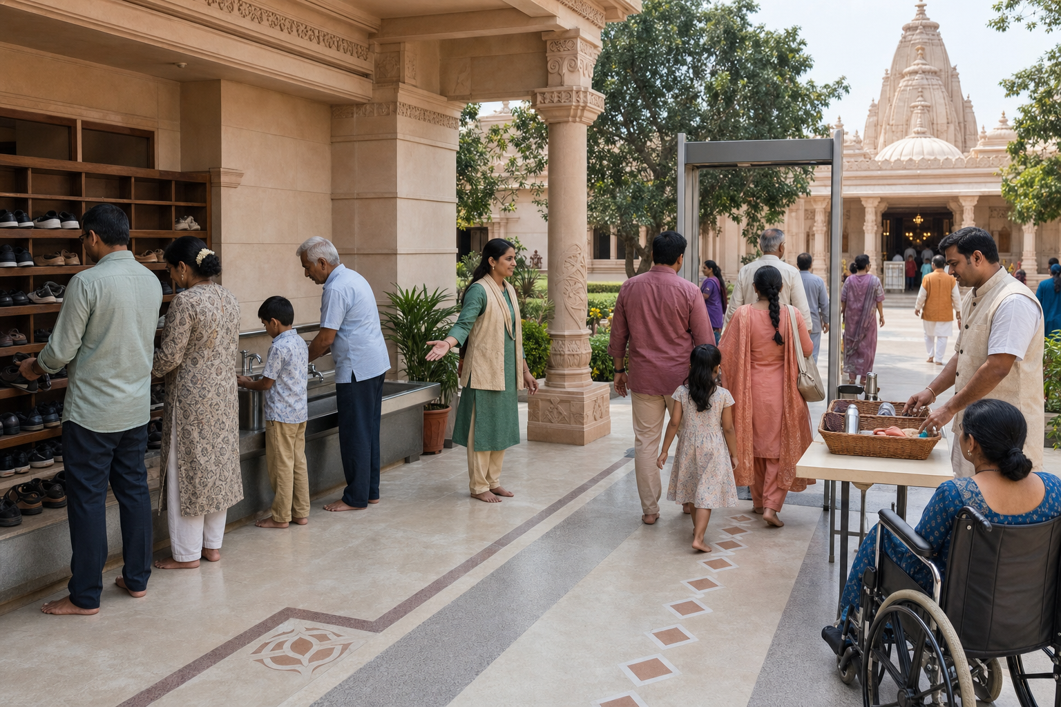 Temple volunteers guide visitors through footwear storage, hand washing, and a calm security screening area.