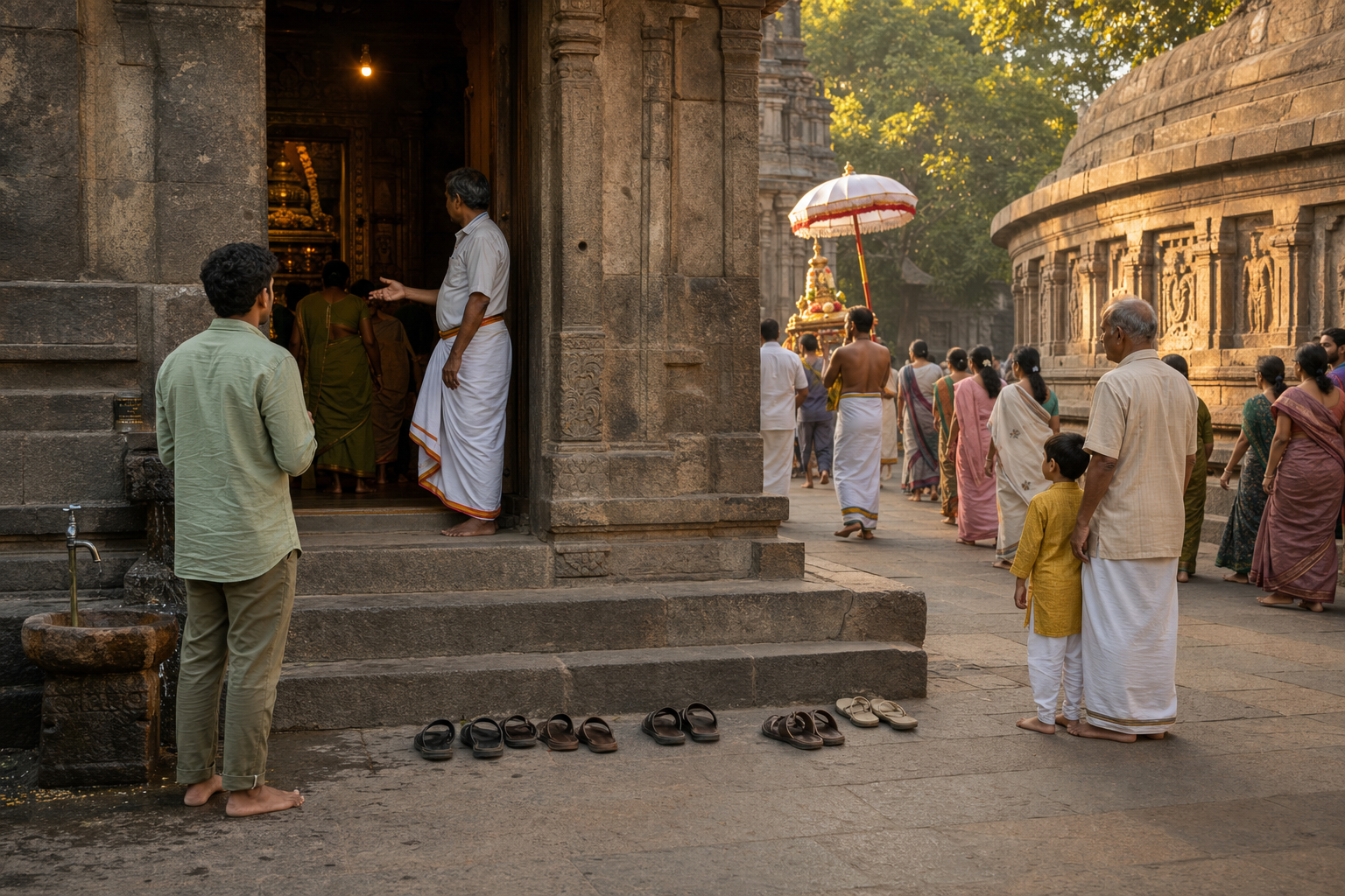 A visitor pauses at a temple threshold near arranged footwear while worshippers follow the courtyard path and allow a procession to pass.