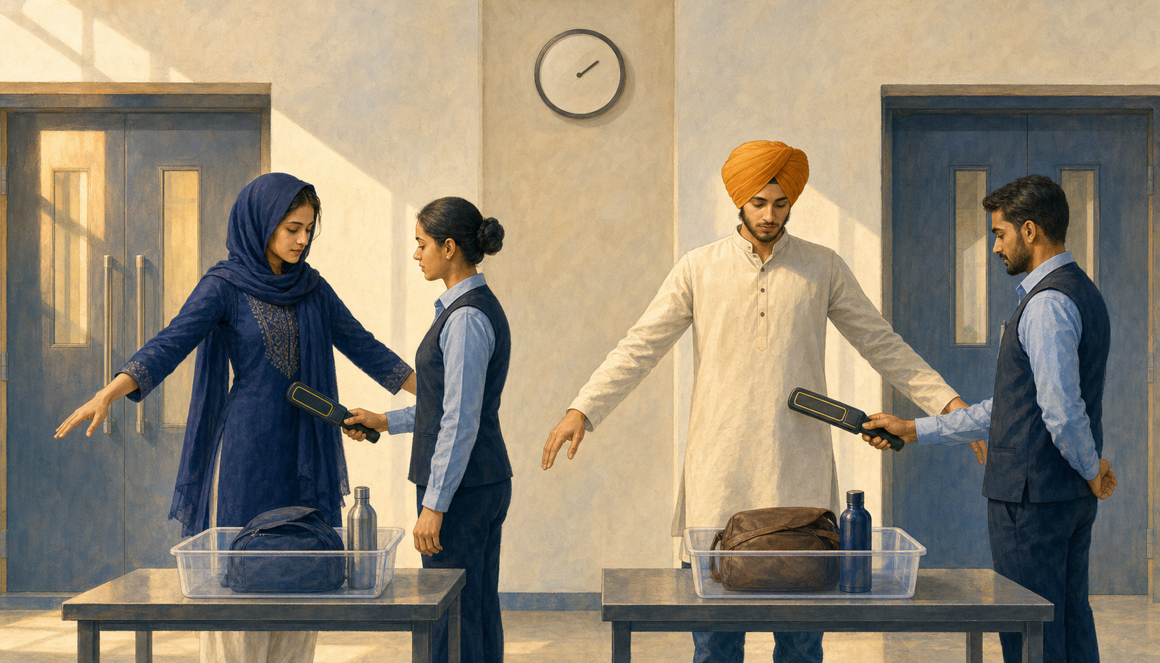 Two students with different head coverings receive the same security screening outside an examination room.