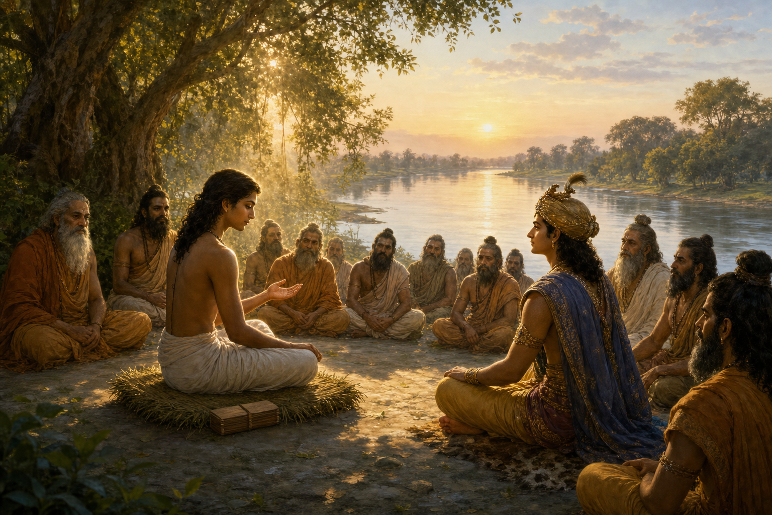 Sukadeva Gosvami sits in prayer before King Parikshit and an assembly of sages beside the Ganges at dawn.