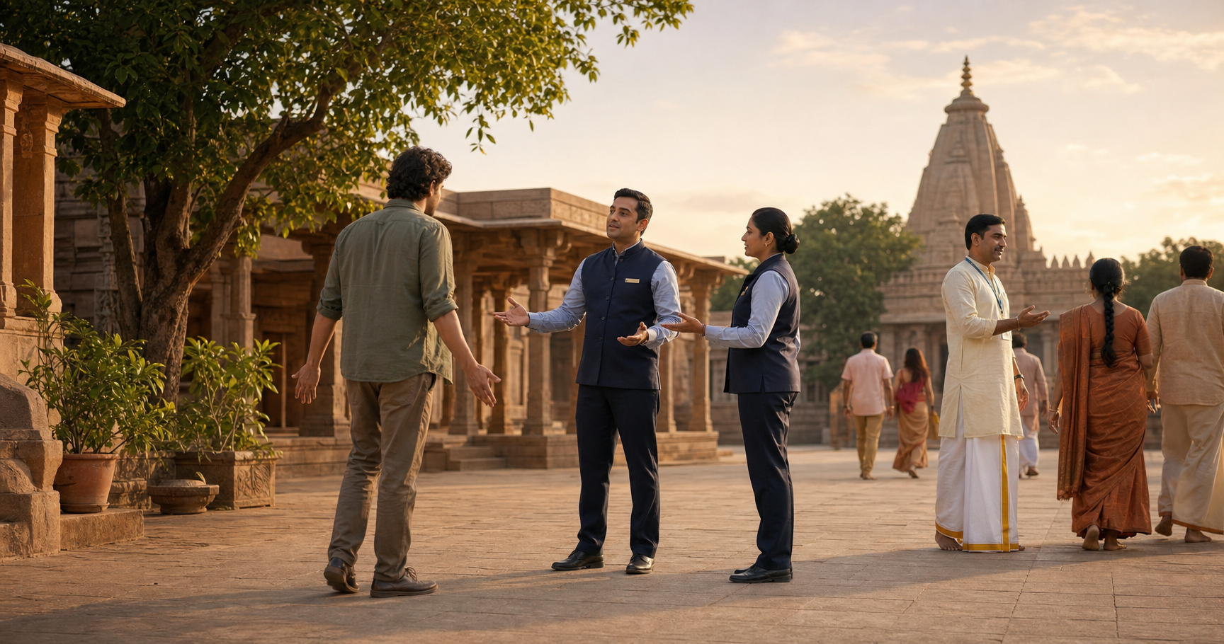 Security stewards calmly guide a visitor toward the public area while a temple attendant reassures worshippers in a sandstone courtyard.