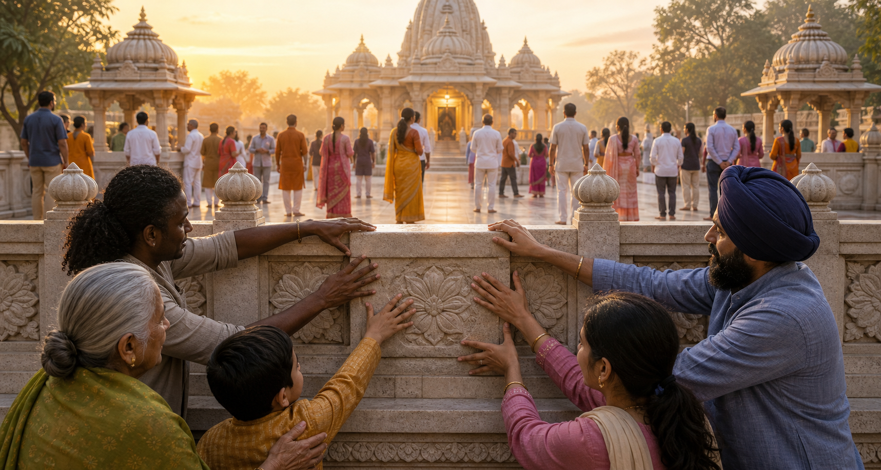 People of varied ages and backgrounds repair one cracked stone in a low boundary around a peaceful temple courtyard.