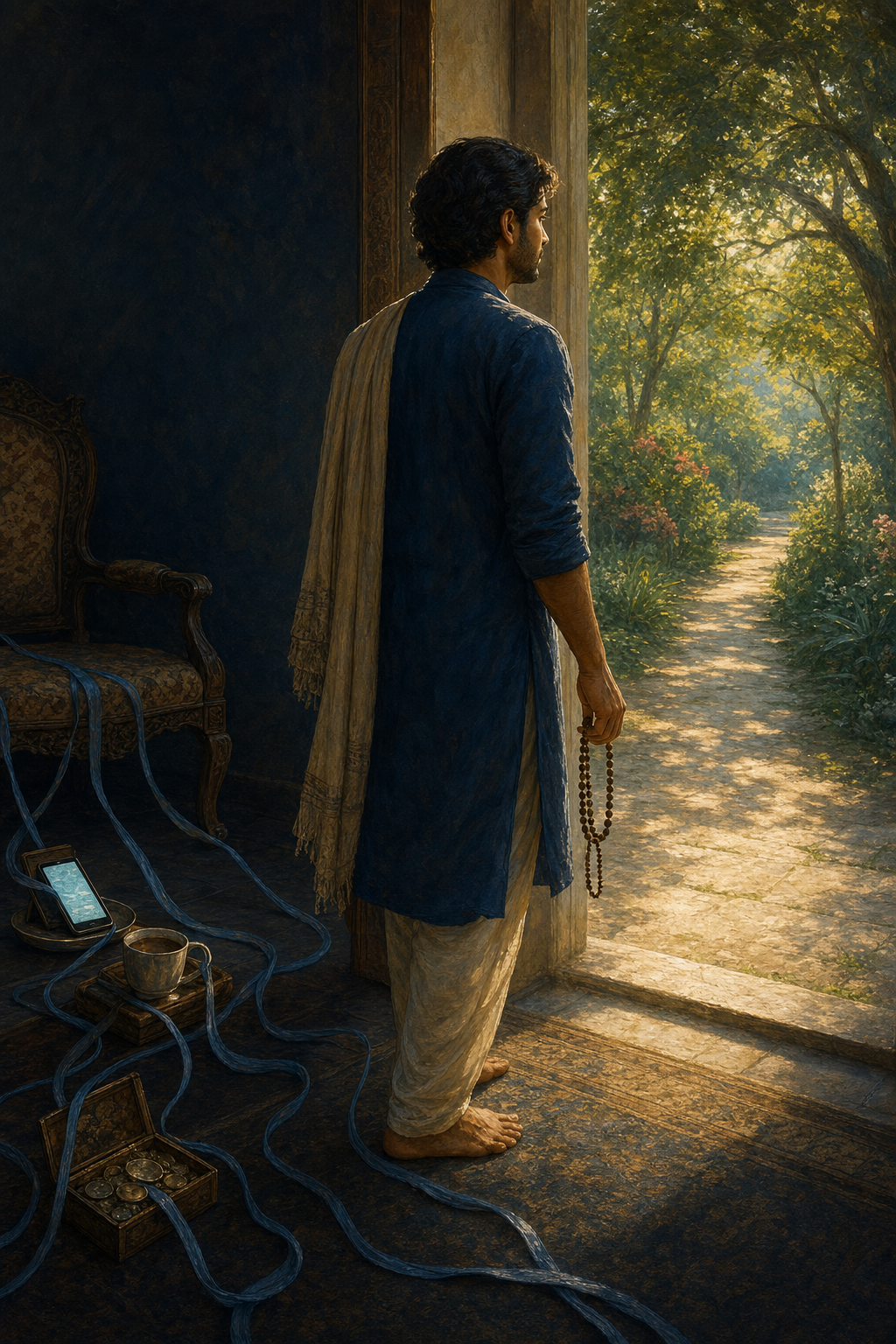 A person stands unbound at a courtyard threshold while loose cords trail from a phone, cup, coins, and chair in the shadowed room behind.