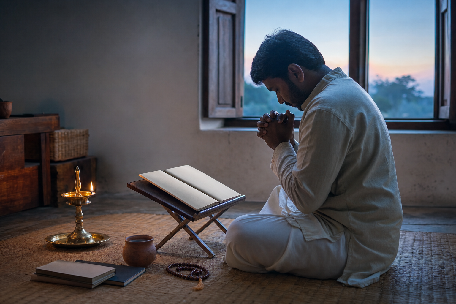A practitioner bows with joined hands beside an open sacred book, prayer beads, and an oil lamp before beginning a study session.