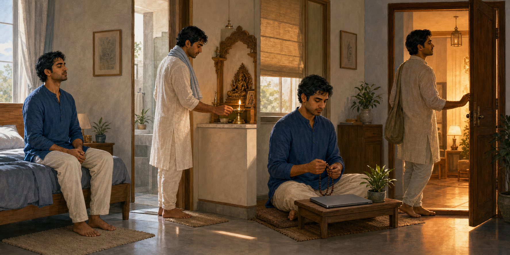 One person pauses to breathe, lights a diya, sits with a japa mala before work, and stops briefly at the doorway in the evening.