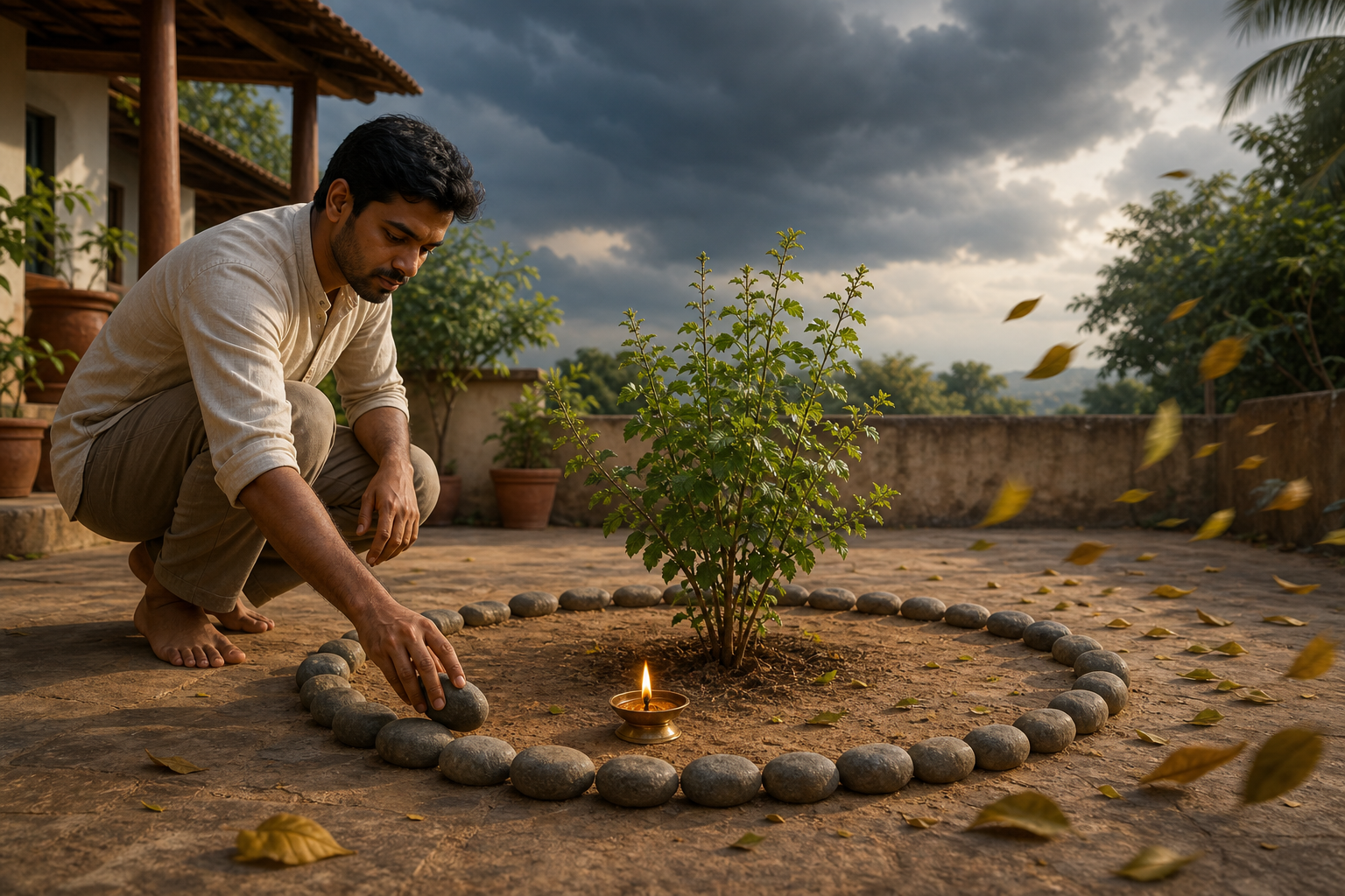 A devotee arranges a low ring of stones around a young tulasi plant and a lit brass lamp as storm clouds gather over a courtyard.