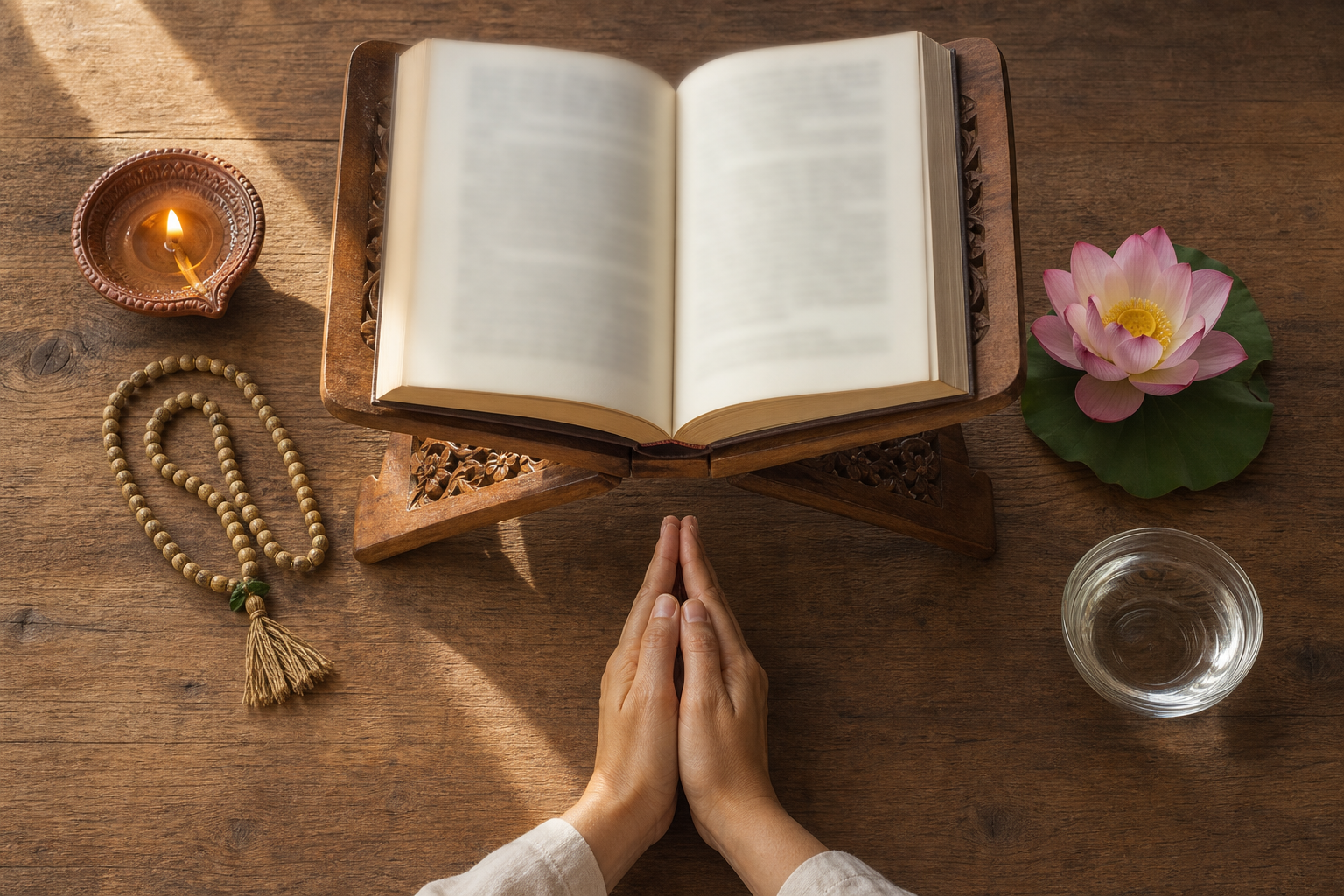 Joined hands face an open sacred book, a lit ghee lamp, tulasi beads, a lotus, and a bowl of water on a wooden desk.