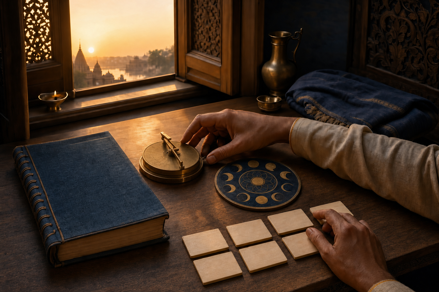 Hands arrange a lunar disc, a brass timekeeping instrument, blank calendar tiles, and a closed almanac on a wooden desk illuminated by dawn light.