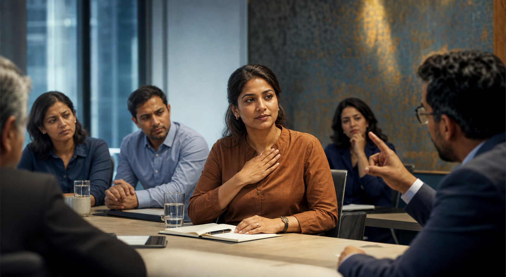 An Indian professional pauses calmly while listening to criticism from colleagues during a tense meeting.