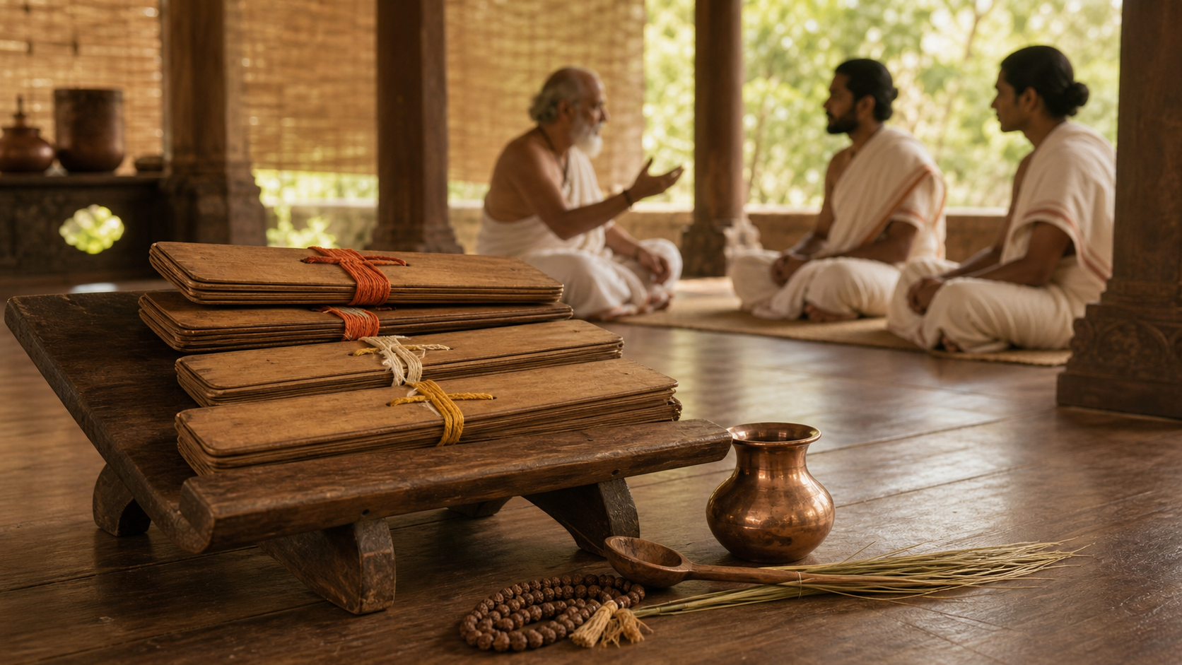 Closed palm-leaf manuscript bundles, ritual implements, and prayer beads in a study pavilion with a teacher and two students seated in the background.