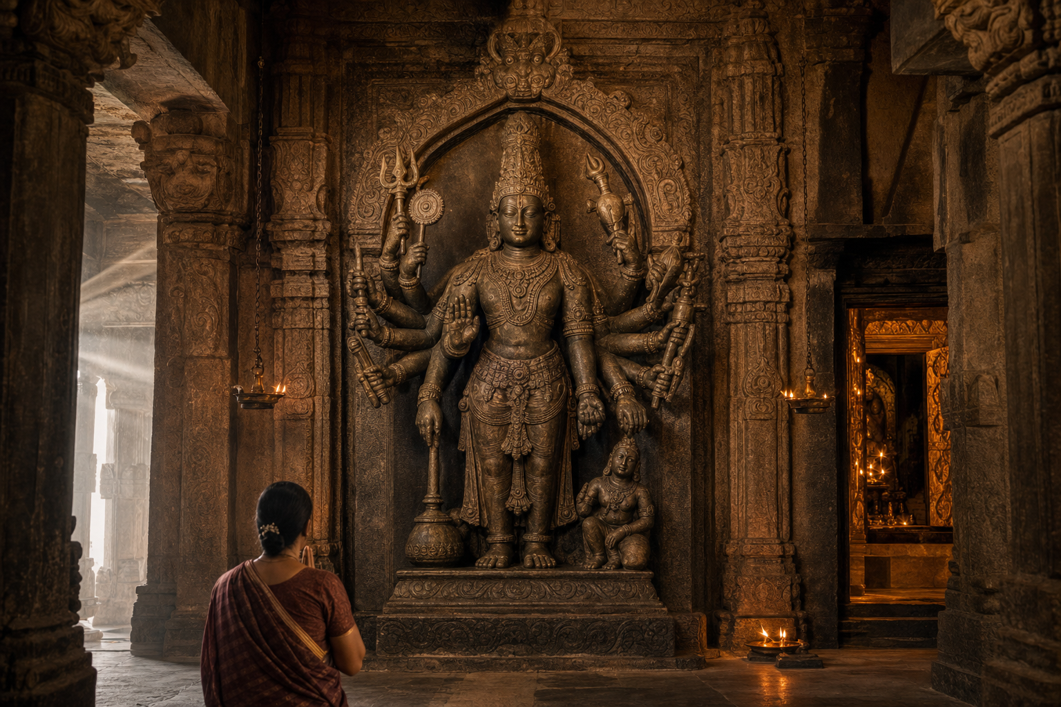 A devotee observes a multi-armed stone deity framed by carved pillars and warm oil-lamp light inside a Hindu temple.