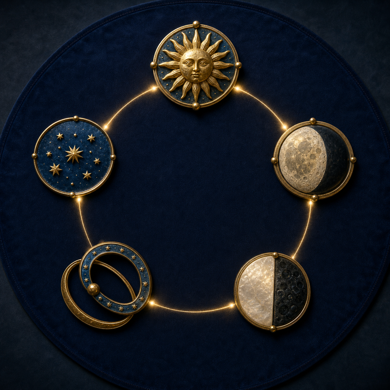 Five symbolic objects representing the weekday, lunar day, lunar mansion, yoga, and karana are arranged in a connected circle on dark-blue cloth.