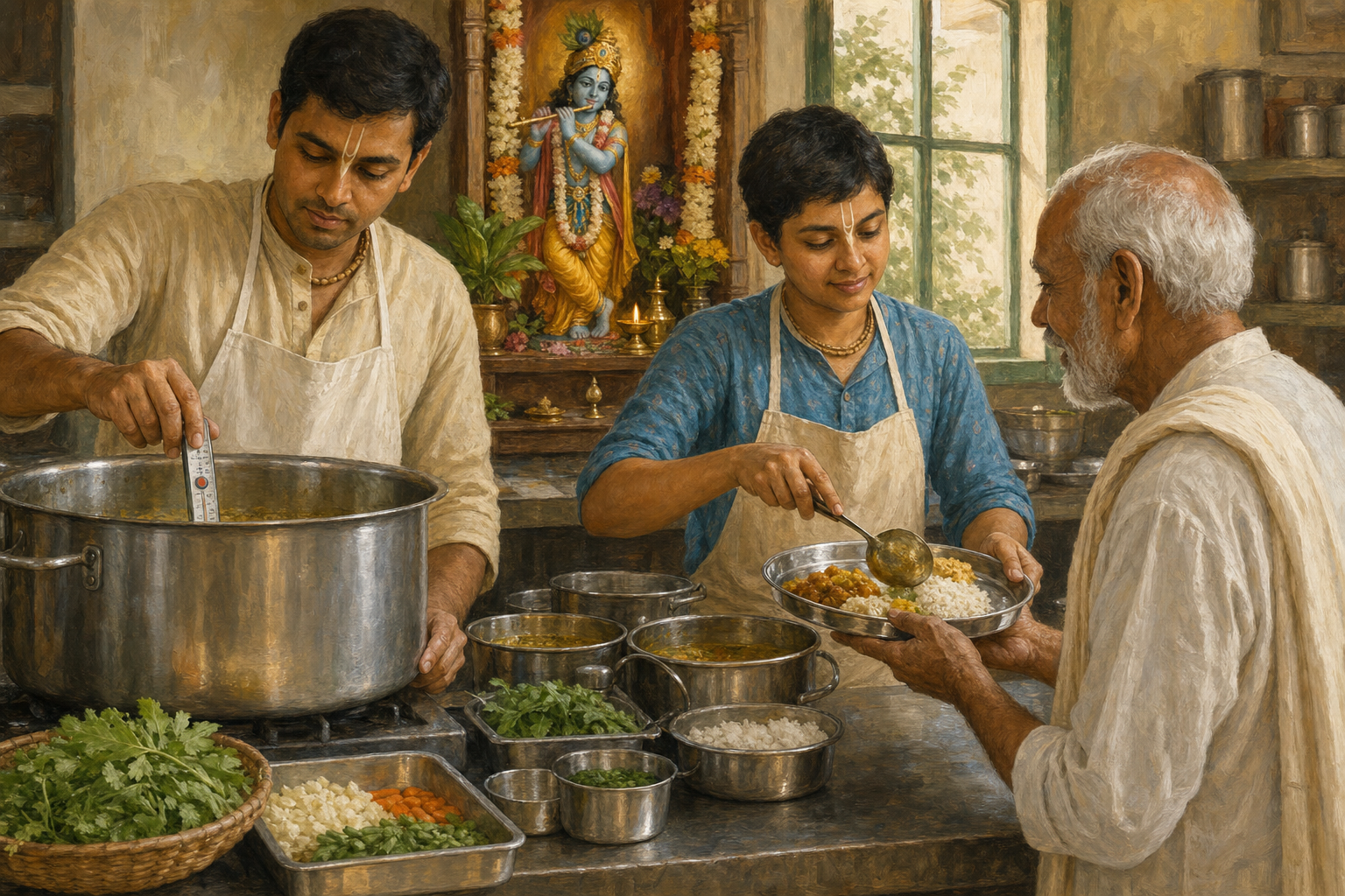 A devotee works carefully with another volunteer in a community kitchen while a small Krishna shrine glows in the background.