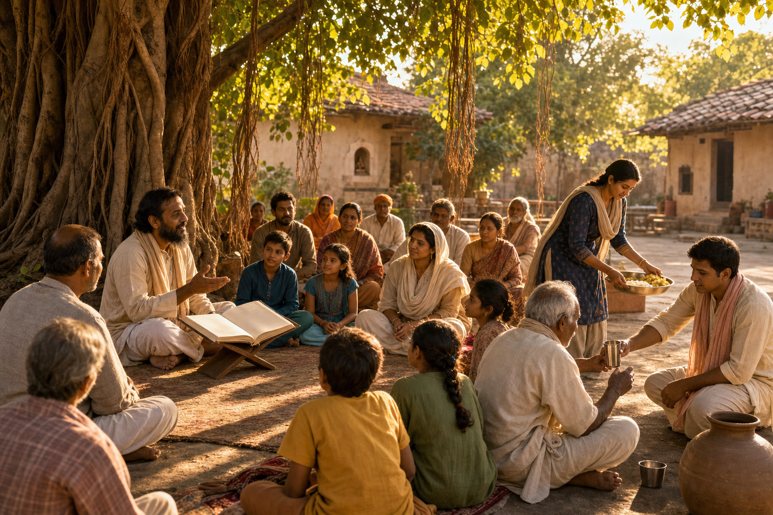 A teacher speaks from a sacred book beneath a banyan tree as a gathered community listens and serves food and water nearby.