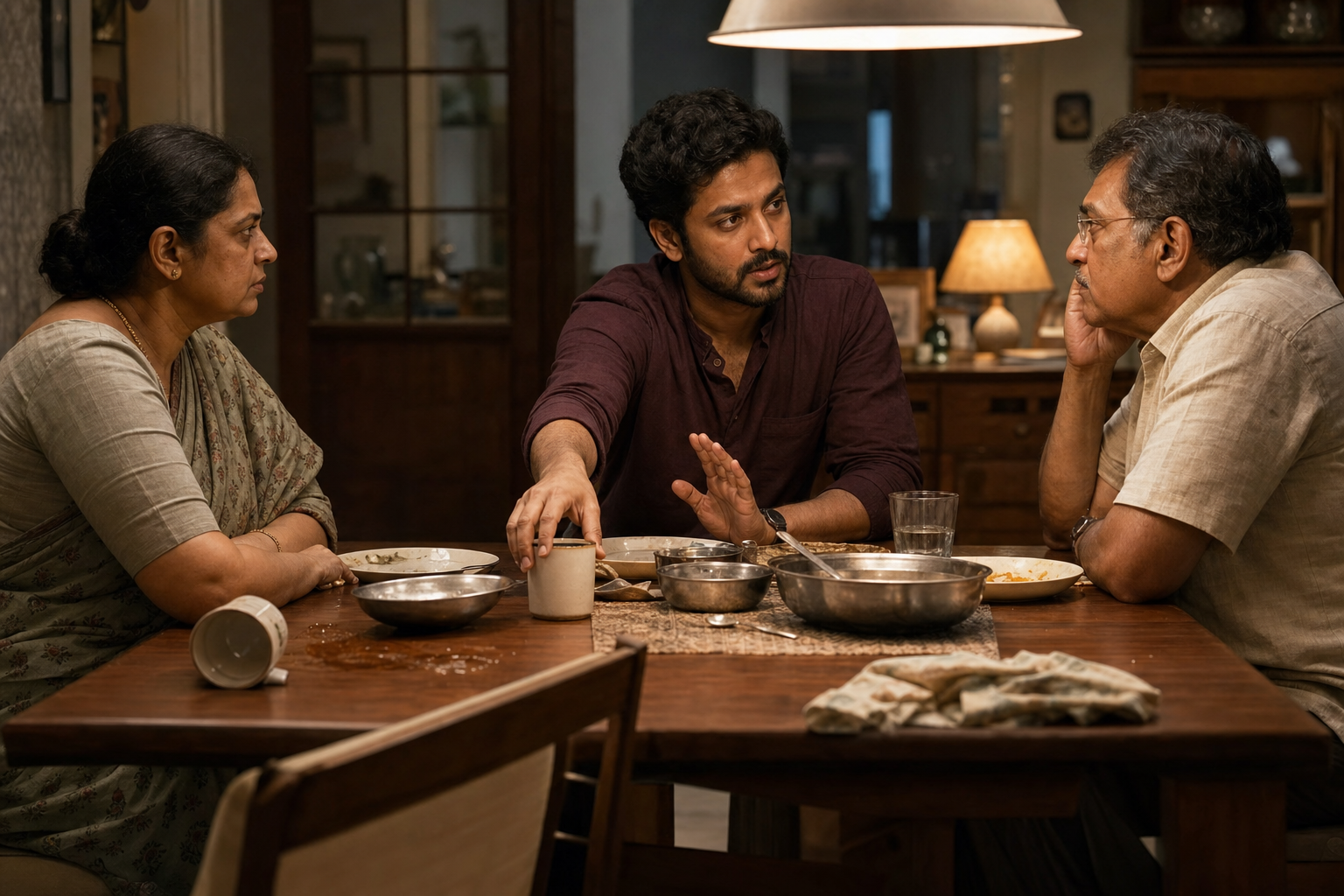 An Indian adult speaks calmly and firmly with two relatives at a dining table after a tense exchange.