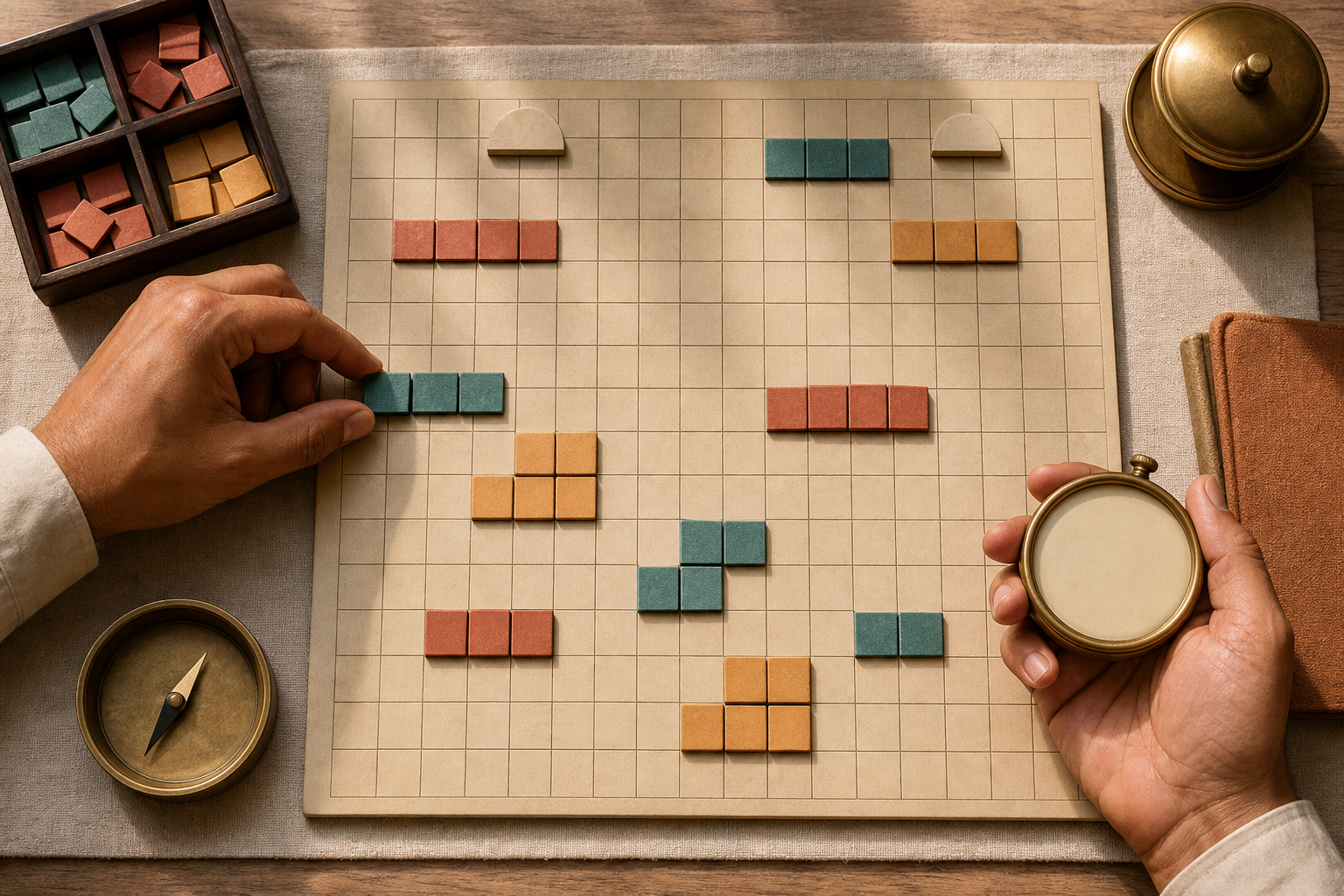 Two hands organize blank colored tiles on an undated planning board beside a brass compass and an unnumbered clock.