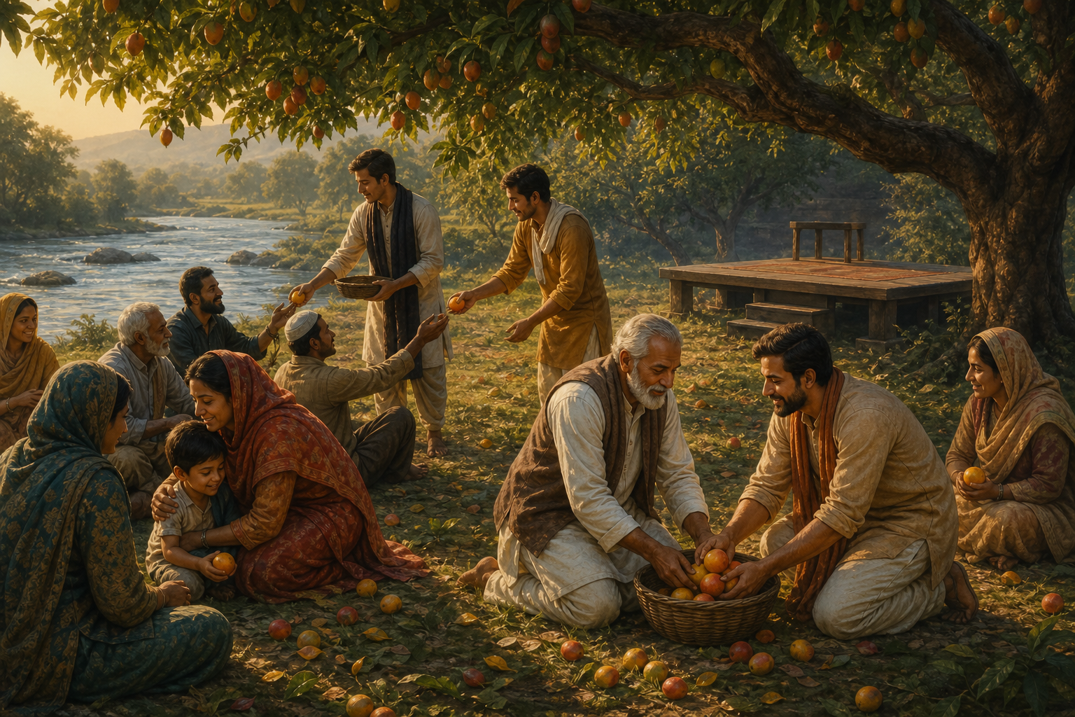 A spiritual speaker helps listeners gather and share ripe fruit after a riverside teaching beneath a flourishing tree.